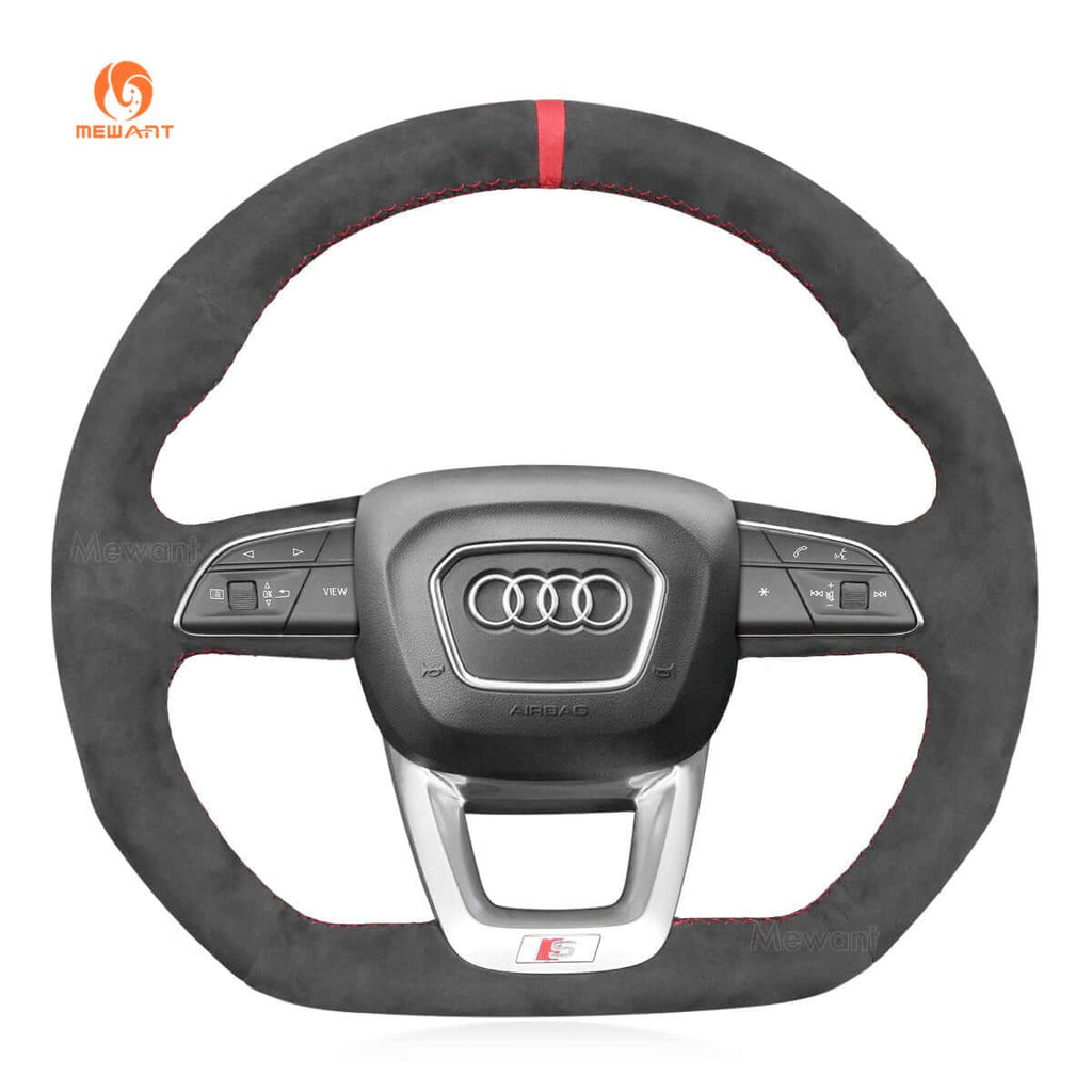 MEWANT Hand Stitch Dark Grey Alcantara Car Steering Wheel Cover for Audi Q3 2018 - 2019 / Q5 SQ5 2017 - 2019 / Q7 SQ7 2015 - 2019 / Q8 SQ8 2018 - 2019 - Alcantara, Leather, Carbon Fiber, Easy Install, Non - Slip, Best Steering Wheel Cover