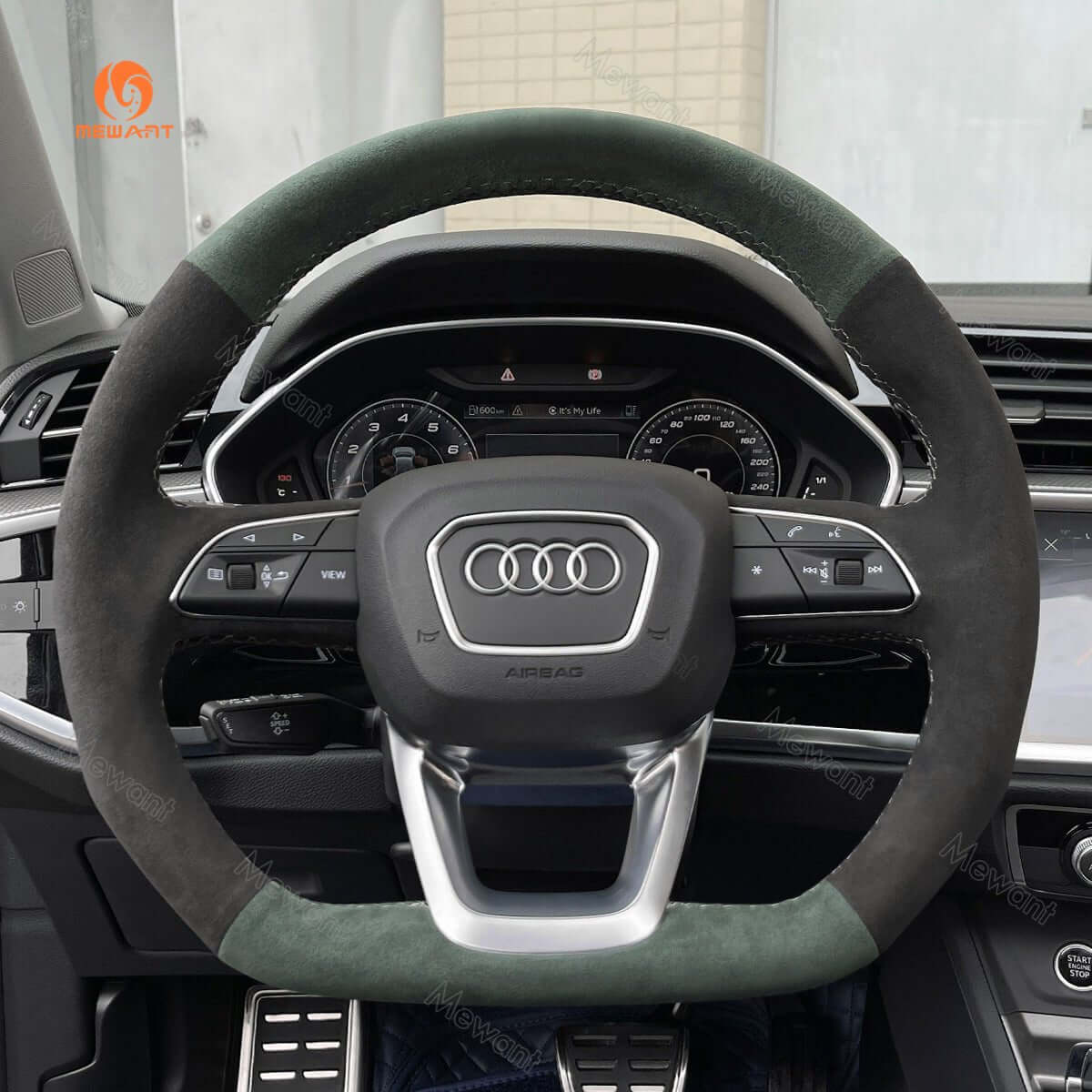 MEWANT Hand Stitch Dark Grey Alcantara Car Steering Wheel Cover for Audi Q3 2018 - 2019 / Q5 SQ5 2017 - 2019 / Q7 SQ7 2015 - 2019 / Q8 SQ8 2018 - 2019 - Alcantara, Leather, Carbon Fiber, Easy Install, Non - Slip, Best Steering Wheel Cover