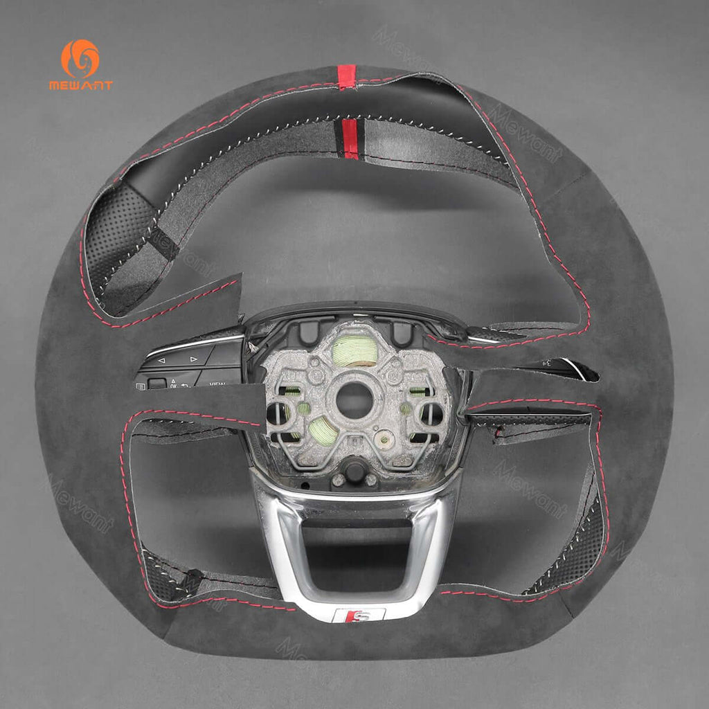 MEWANT Hand Stitch Dark Grey Alcantara Car Steering Wheel Cover for Audi Q3 2018 - 2019 / Q5 SQ5 2017 - 2019 / Q7 SQ7 2015 - 2019 / Q8 SQ8 2018 - 2019 - Alcantara, Leather, Carbon Fiber, Easy Install, Non - Slip, Best Steering Wheel Cover