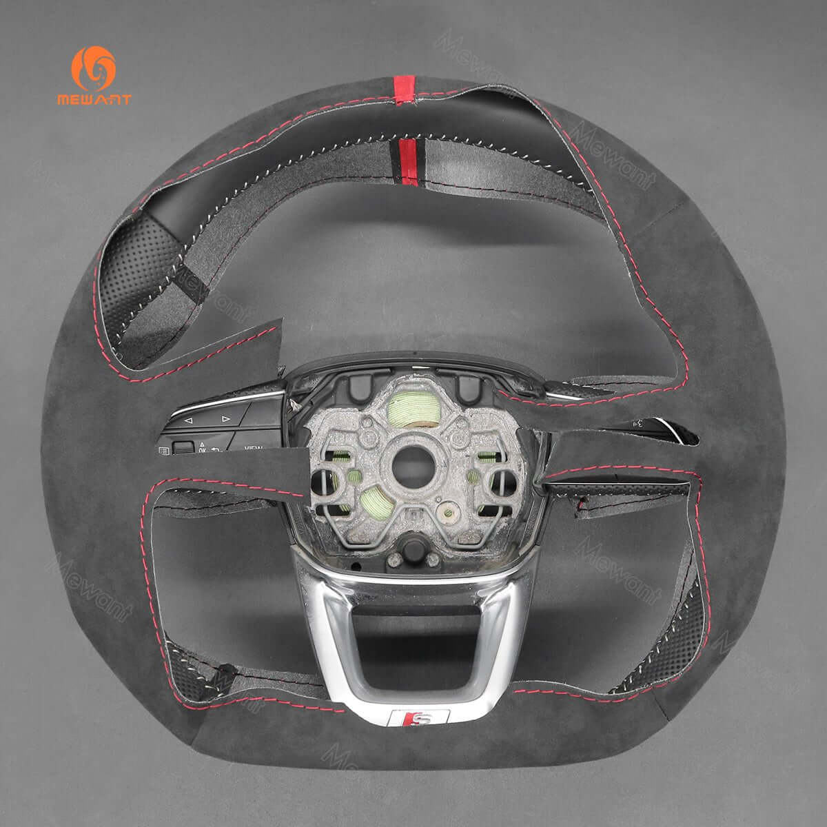 MEWANT Hand Stitch Dark Grey Alcantara Car Steering Wheel Cover for Audi Q3 2018 - 2019 / Q5 SQ5 2017 - 2019 / Q7 SQ7 2015 - 2019 / Q8 SQ8 2018 - 2019 - Alcantara, Leather, Carbon Fiber, Easy Install, Non - Slip, Best Steering Wheel Cover