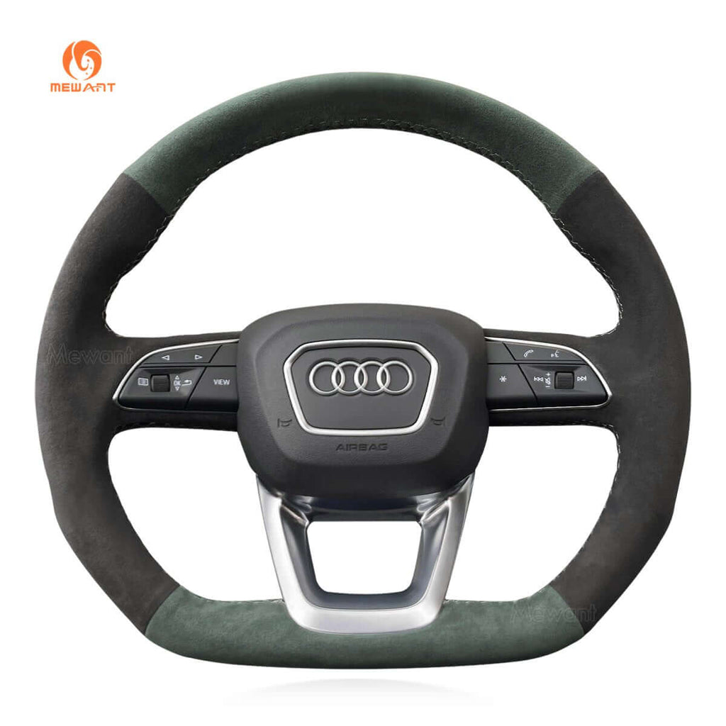 MEWANT Hand Stitch Dark Grey Alcantara Car Steering Wheel Cover for Audi Q3 2018 - 2019 / Q5 SQ5 2017 - 2019 / Q7 SQ7 2015 - 2019 / Q8 SQ8 2018 - 2019 - Alcantara, Leather, Carbon Fiber, Easy Install, Non - Slip, Best Steering Wheel Cover