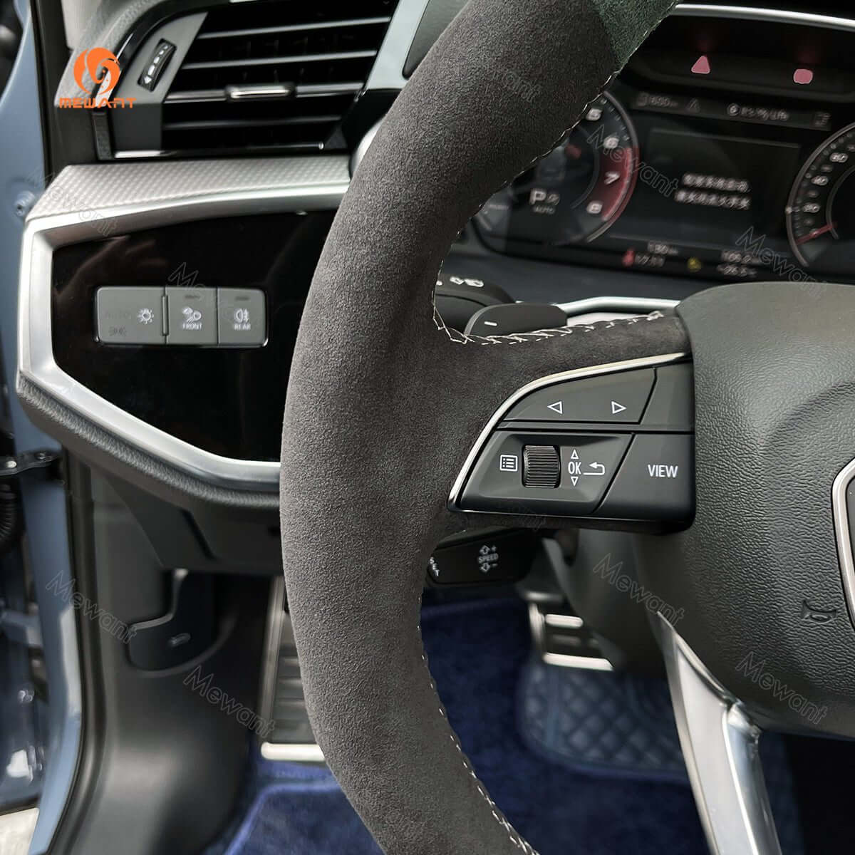 MEWANT Hand Stitch Dark Grey Alcantara Car Steering Wheel Cover for Audi Q3 2018 - 2019 / Q5 SQ5 2017 - 2019 / Q7 SQ7 2015 - 2019 / Q8 SQ8 2018 - 2019 - Alcantara, Leather, Carbon Fiber, Easy Install, Non - Slip, Best Steering Wheel Cover