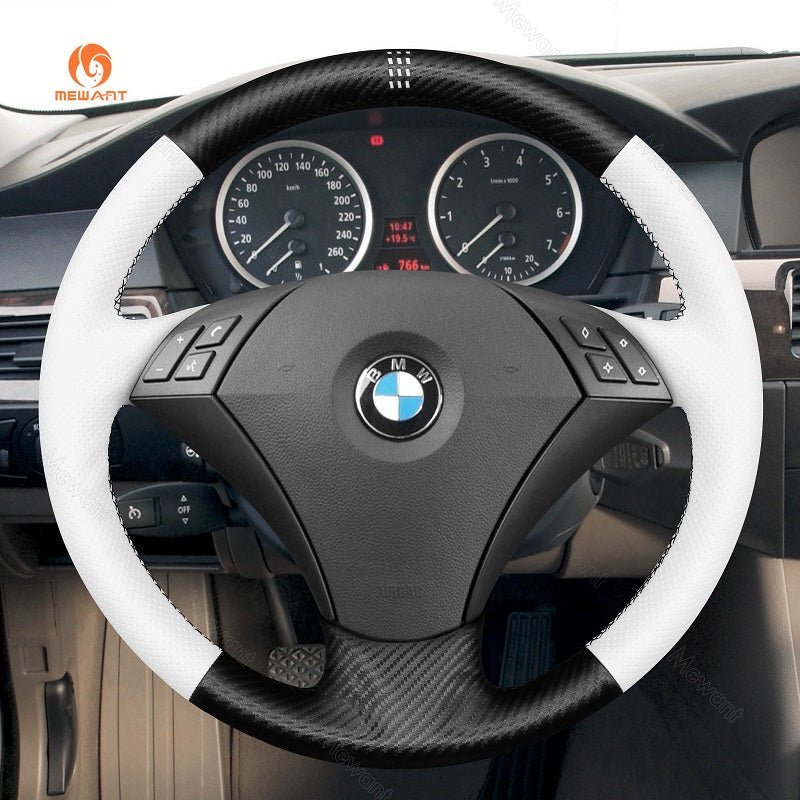MEWANT Hand Stitch Dark Grey Alcantara Car Steering Wheel Cover for BMW 5 Series E60 E61 2003 - 2010 - Alcantara, Leather, Carbon Fiber, Easy Install, Non - Slip, Best Steering Wheel Cover