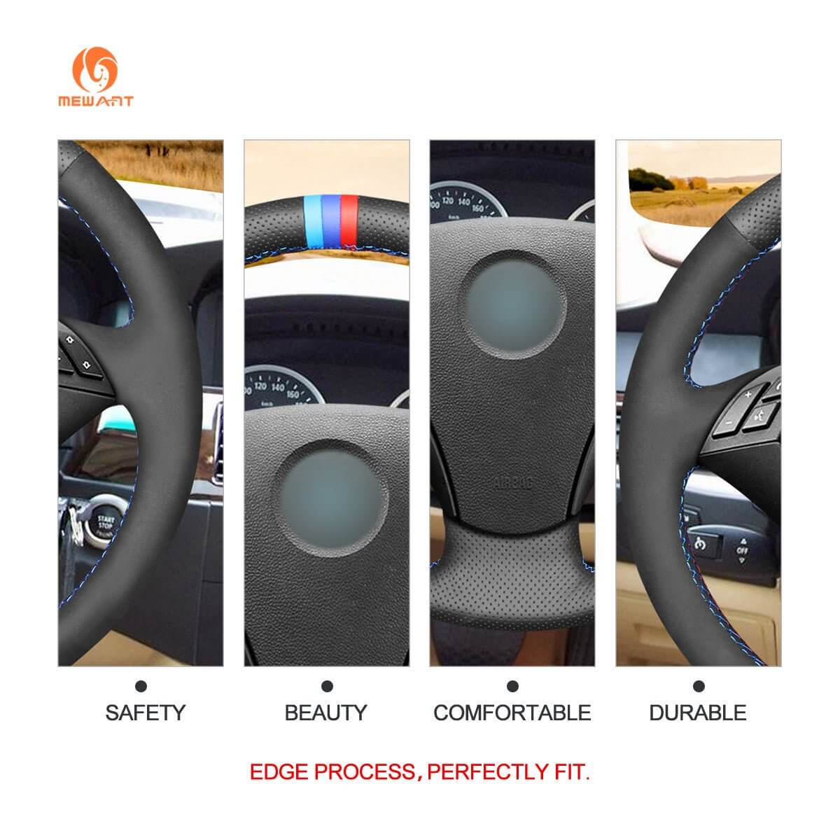 MEWANT Hand Stitch Dark Grey Alcantara Car Steering Wheel Cover for BMW 5 Series E60 E61 2003 - 2010 - Alcantara, Leather, Carbon Fiber, Easy Install, Non - Slip, Best Steering Wheel Cover