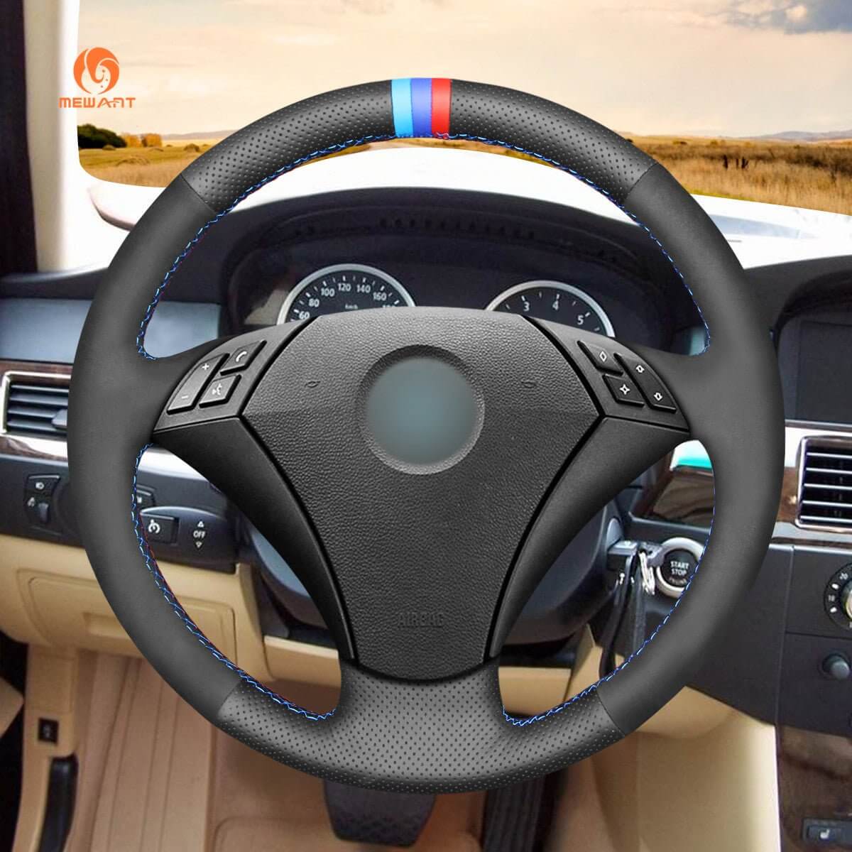 MEWANT Hand Stitch Dark Grey Alcantara Car Steering Wheel Cover for BMW 5 Series E60 E61 2003 - 2010 - Alcantara, Leather, Carbon Fiber, Easy Install, Non - Slip, Best Steering Wheel Cover