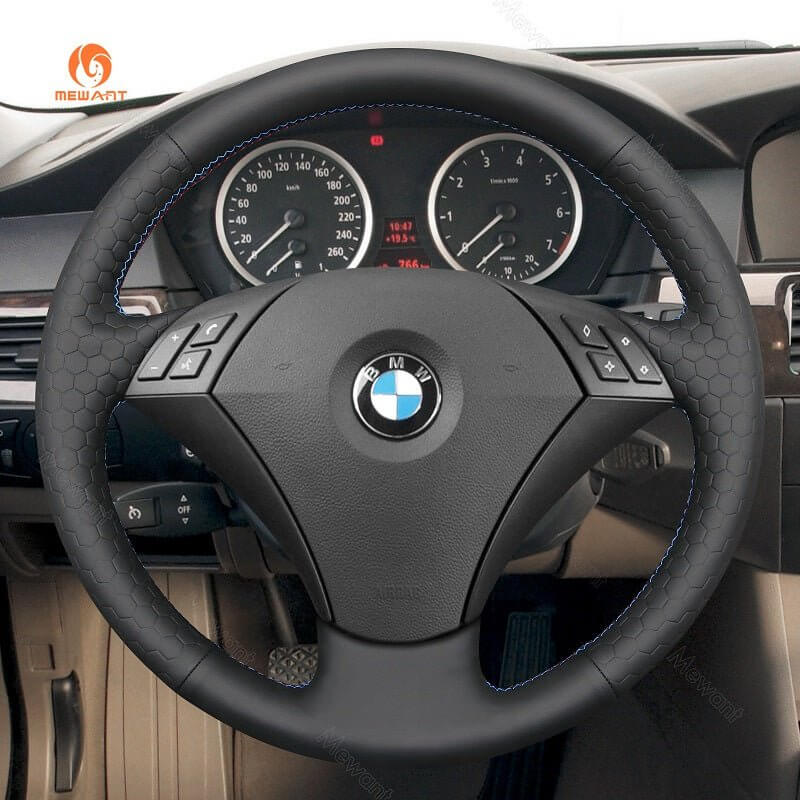 MEWANT Hand Stitch Dark Grey Alcantara Car Steering Wheel Cover for BMW 5 Series E60 E61 2003 - 2010 - Alcantara, Leather, Carbon Fiber, Easy Install, Non - Slip, Best Steering Wheel Cover