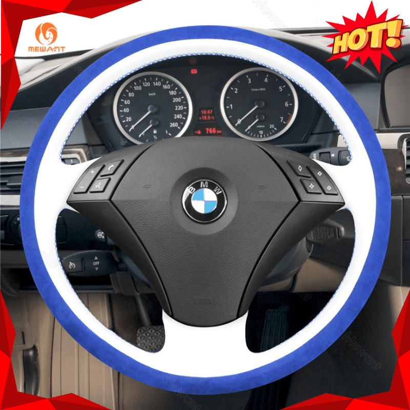 MEWANT Hand Stitch Dark Grey Alcantara Car Steering Wheel Cover for BMW 5 Series E60 E61 2003 - 2010 - Alcantara, Leather, Carbon Fiber, Easy Install, Non - Slip, Best Steering Wheel Cover