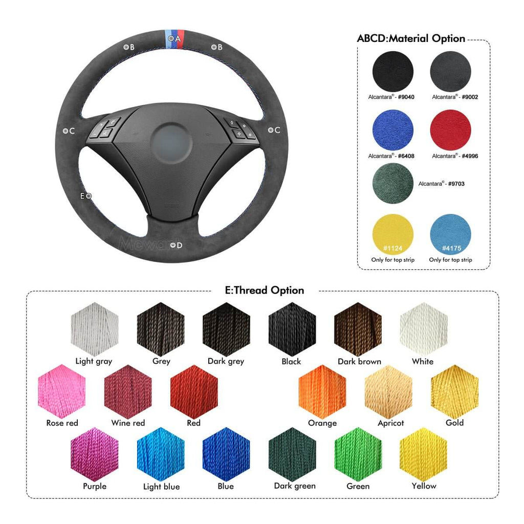 MEWANT Hand Stitch Dark Grey Alcantara Car Steering Wheel Cover for BMW 5 Series E60 E61 2003 - 2010 - Alcantara, Leather, Carbon Fiber, Easy Install, Non - Slip, Best Steering Wheel Cover