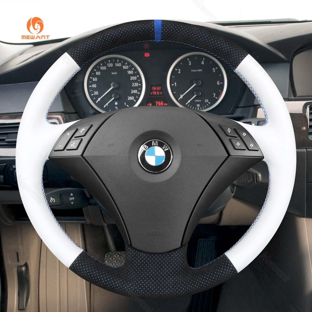 MEWANT Hand Stitch Dark Grey Alcantara Car Steering Wheel Cover for BMW 5 Series E60 E61 2003 - 2010 - Alcantara, Leather, Carbon Fiber, Easy Install, Non - Slip, Best Steering Wheel Cover