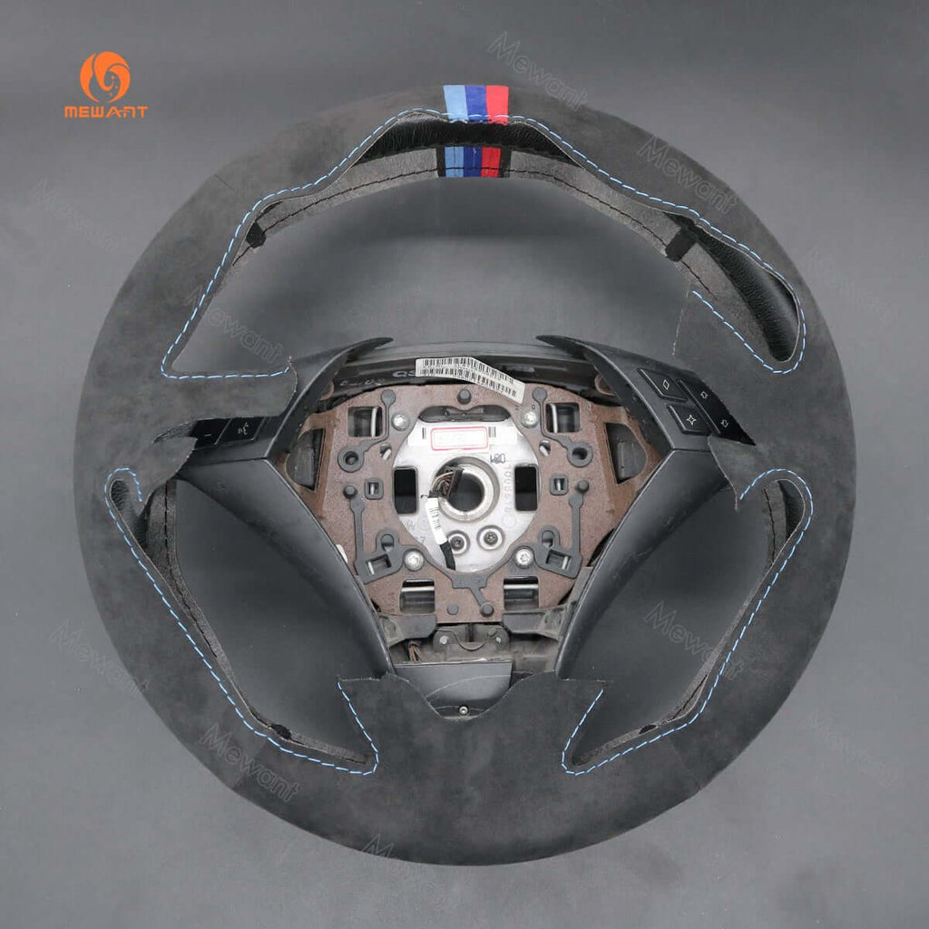 MEWANT Hand Stitch Dark Grey Alcantara Car Steering Wheel Cover for BMW 5 Series E60 E61 2003 - 2010 - Alcantara, Leather, Carbon Fiber, Easy Install, Non - Slip, Best Steering Wheel Cover