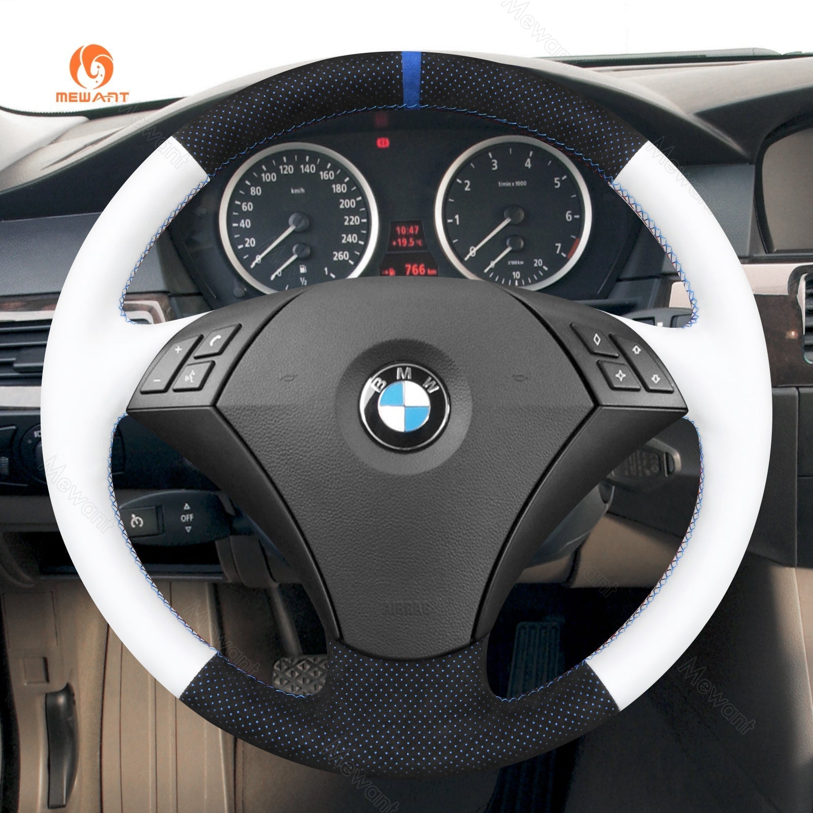 MEWANT Hand Stitch Dark Grey Alcantara Car Steering Wheel Cover for BMW 5 Series E60 E61 2003 - 2010 - Alcantara, Leather, Carbon Fiber, Easy Install, Non - Slip, Best Steering Wheel Cover