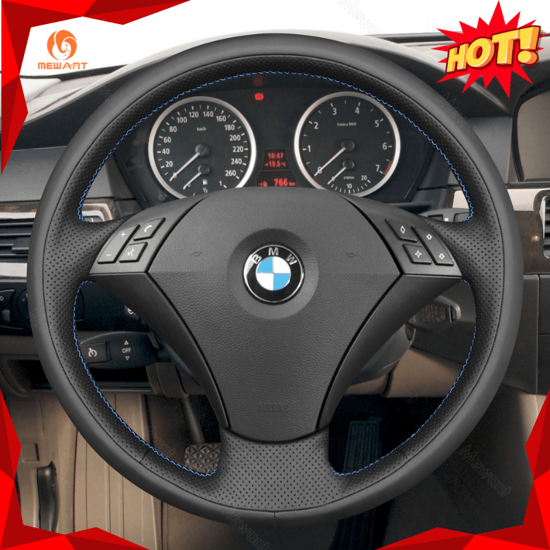 MEWANT Hand Stitch Dark Grey Alcantara Car Steering Wheel Cover for BMW 5 Series E60 E61 2003 - 2010 - Alcantara, Leather, Carbon Fiber, Easy Install, Non - Slip, Best Steering Wheel Cover