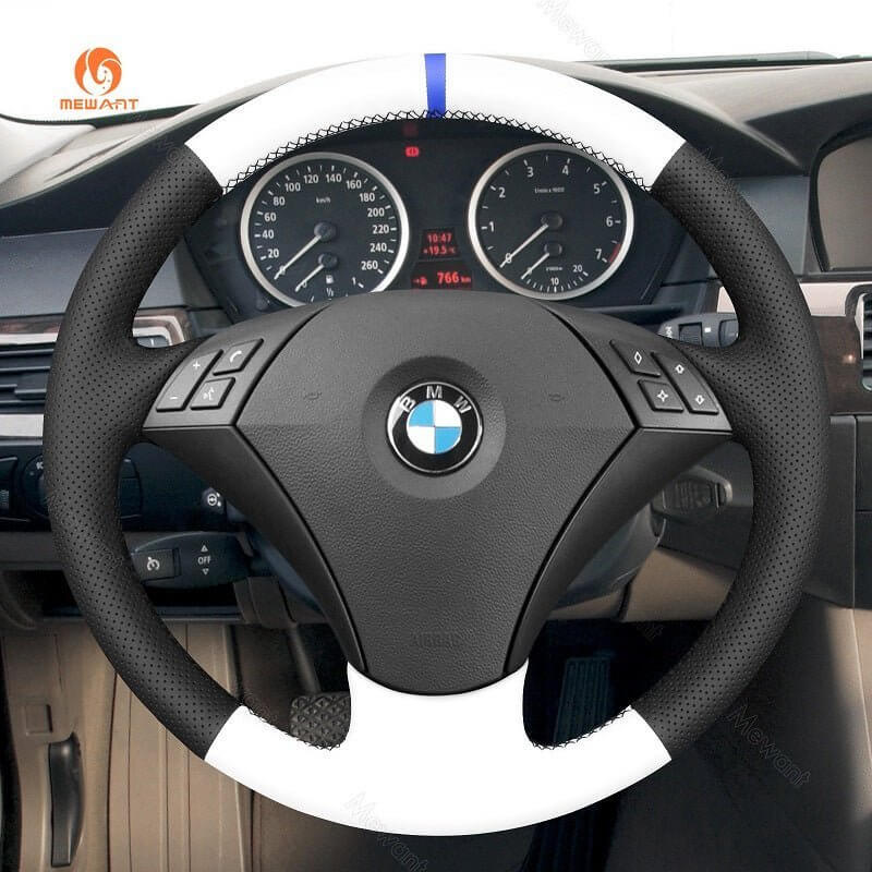 MEWANT Hand Stitch Dark Grey Alcantara Car Steering Wheel Cover for BMW 5 Series E60 E61 2003 - 2010 - Alcantara, Leather, Carbon Fiber, Easy Install, Non - Slip, Best Steering Wheel Cover