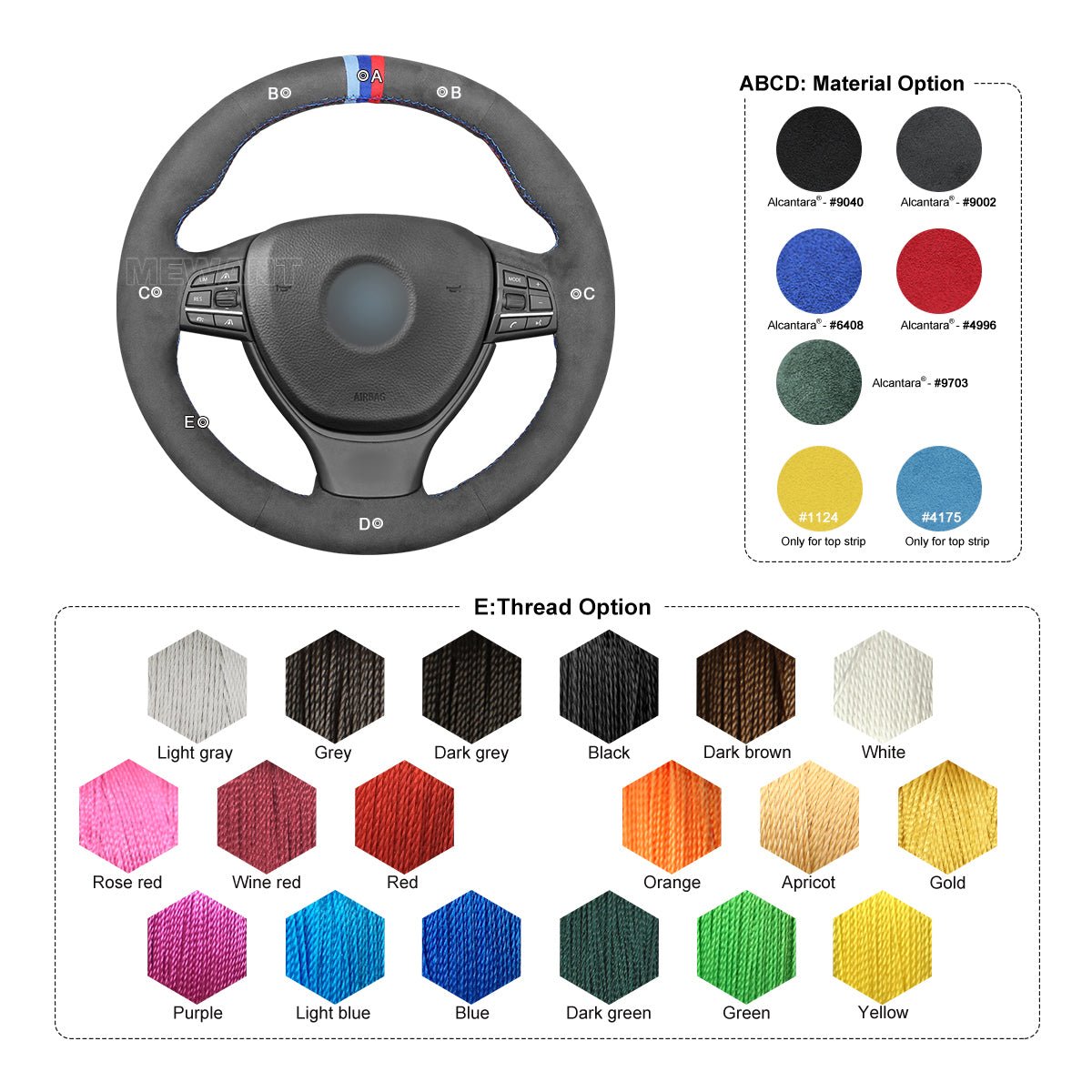 MEWANT Hand Stitch Dark Grey Alcantara Car Steering Wheel Cover for BMW M Sport F10 F11 F07 / M5 F10 2011 - 2013 / F12 F13 F06 / F01 F02 - Mewant Cover