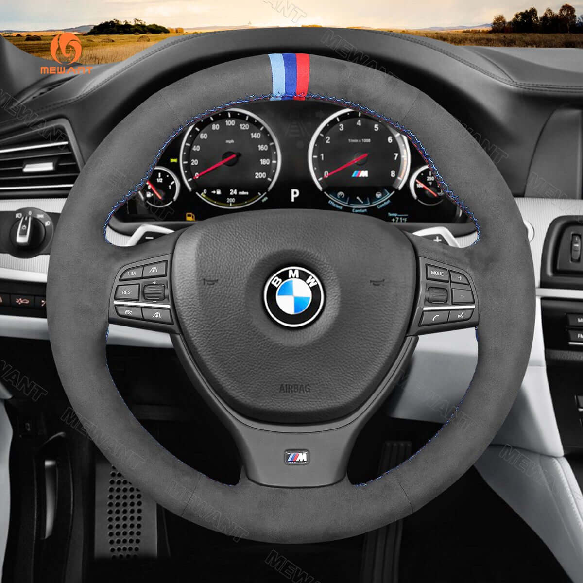 MEWANT Hand Stitch Dark Grey Alcantara Car Steering Wheel Cover for BMW M Sport F10 F11 F07 / M5 F10 2011 - 2013 / F12 F13 F06 / F01 F02 - Alcantara, Leather, Carbon Fiber, Easy Install, Non - Slip, Best Steering Wheel Cover