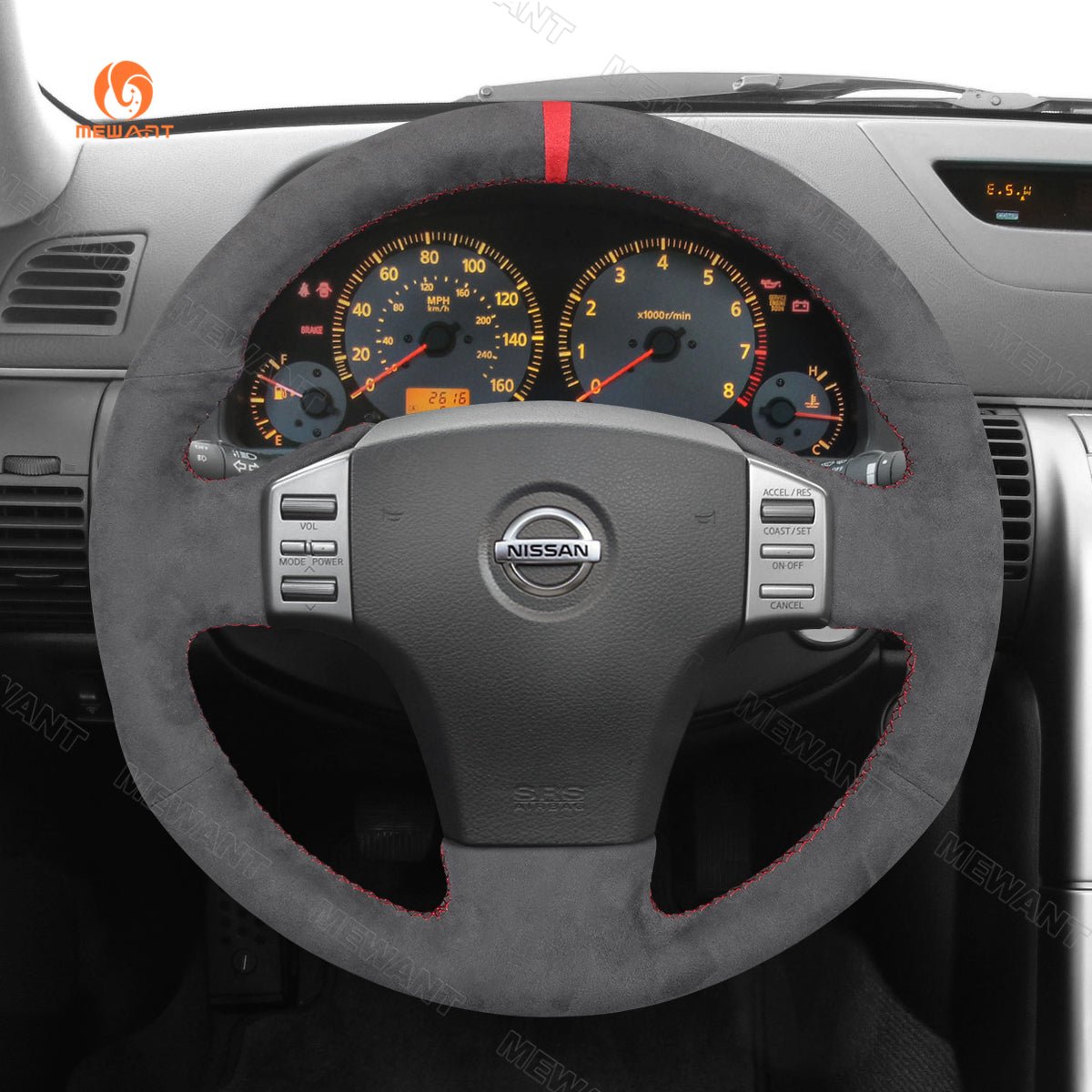 MEWANT Hand Stitch Dark Grey Alcantara Car Steering Wheel Cover for Infiniti G35 2003 - 2006 / for Nissan Skyline V35 2003 - 2006 - Alcantara, Leather, Carbon Fiber, Easy Install, Non - Slip, Best Steering Wheel Cover