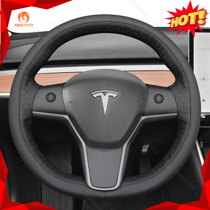 MEWANT Hand Stitch Leather Carbon Fiber Suede Alcantara Car Steering Wheel Cover for Tesla Model 3 2017 - 2020 / Model Y 2020 - 2021 - Alcantara, Leather, Carbon Fiber, Easy Install, Non - Slip, Best Steering Wheel Cover