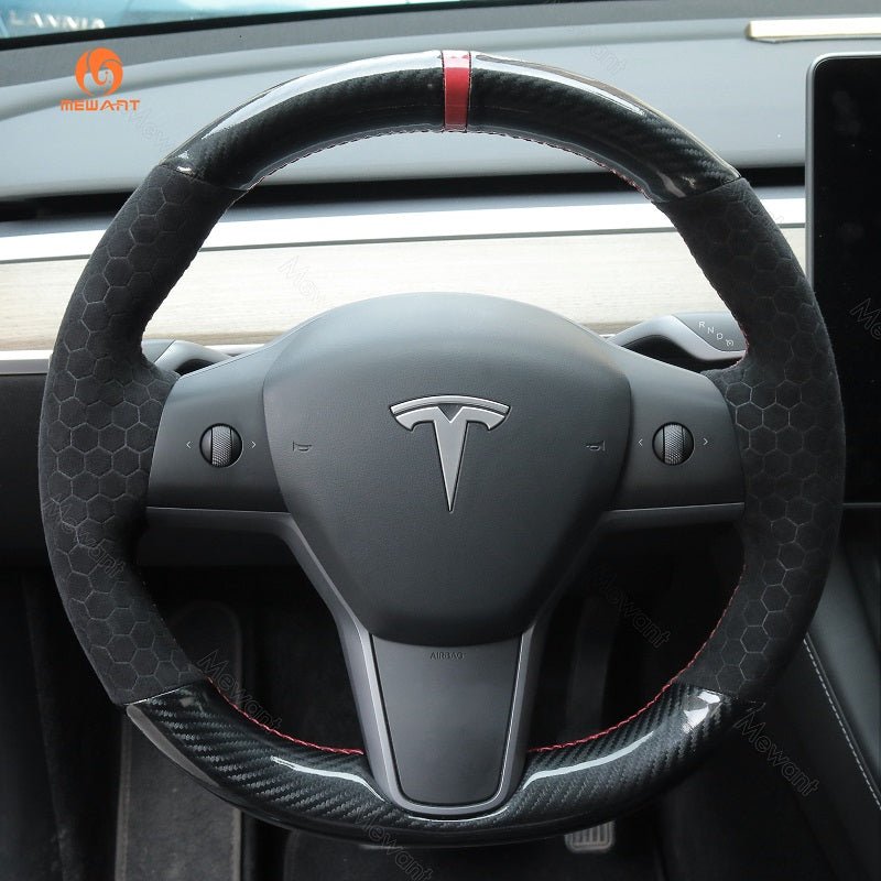 MEWANT Hand Stitch Leather Carbon Fiber Suede Alcantara Car Steering Wheel Cover for Tesla Model 3 2017 - 2020 / Model Y 2020 - 2021 - Alcantara, Leather, Carbon Fiber, Easy Install, Non - Slip, Best Steering Wheel Cover