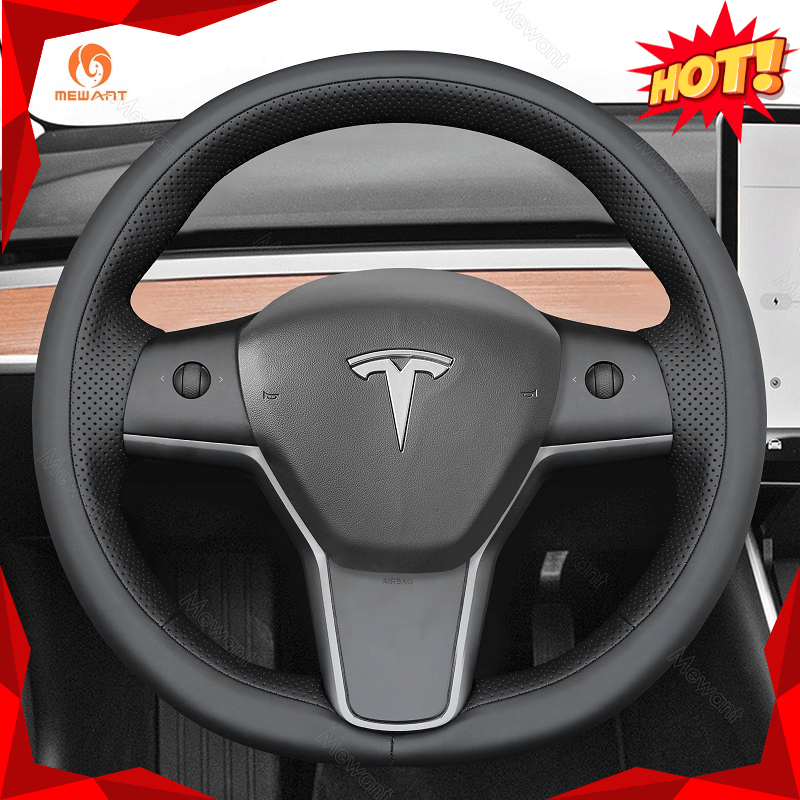 MEWANT Hand Stitch Leather Carbon Fiber Suede Alcantara Car Steering Wheel Cover for Tesla Model 3 2017 - 2020 / Model Y 2020 - 2021 - Alcantara, Leather, Carbon Fiber, Easy Install, Non - Slip, Best Steering Wheel Cover