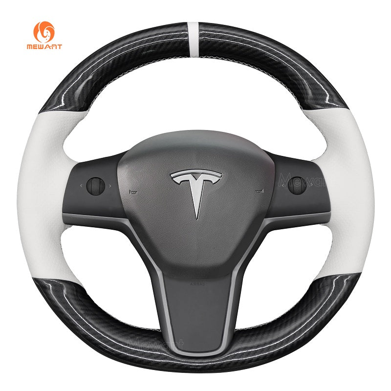 MEWANT Hand Stitch Leather Carbon Fiber Suede Alcantara Car Steering Wheel Cover for Tesla Model 3 2017 - 2020 / Model Y 2020 - 2021 - Alcantara, Leather, Carbon Fiber, Easy Install, Non - Slip, Best Steering Wheel Cover