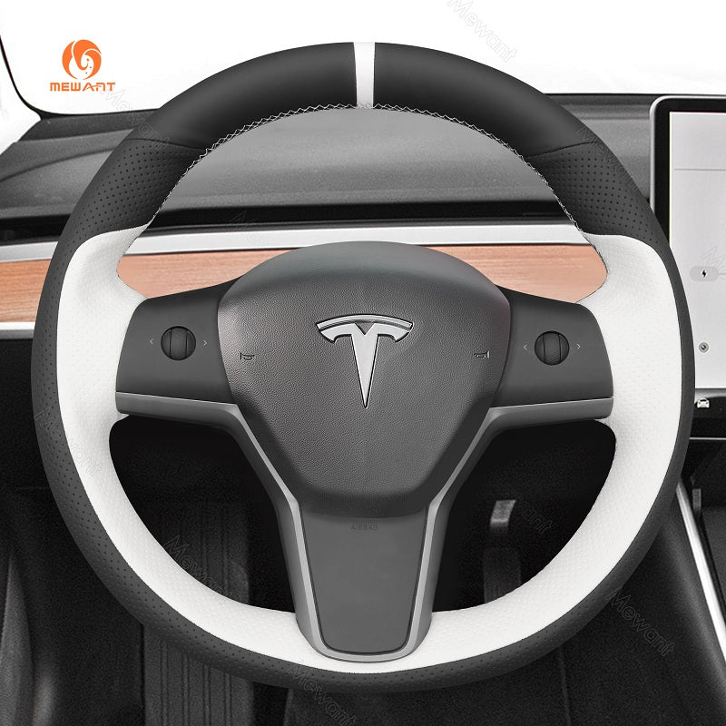 MEWANT Hand Stitch Leather Carbon Fiber Suede Alcantara Car Steering Wheel for Tesla Model 3 2017 - 2020 / Model Y 2020 - 2021 - Mewant Cover