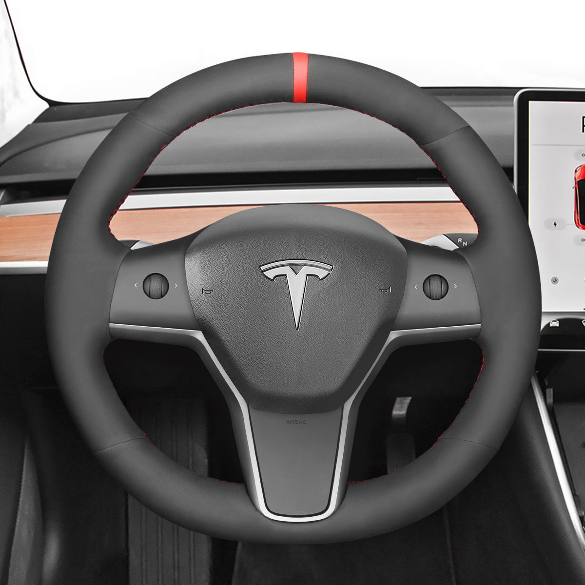 MEWANT Hand Stitch Leather Carbon Fiber Suede Alcantara Car Steering Wheel Cover for Tesla Model 3 2017 - 2020 / Model Y 2020 - 2021 - Alcantara, Leather, Carbon Fiber, Easy Install, Non - Slip, Best Steering Wheel Cover