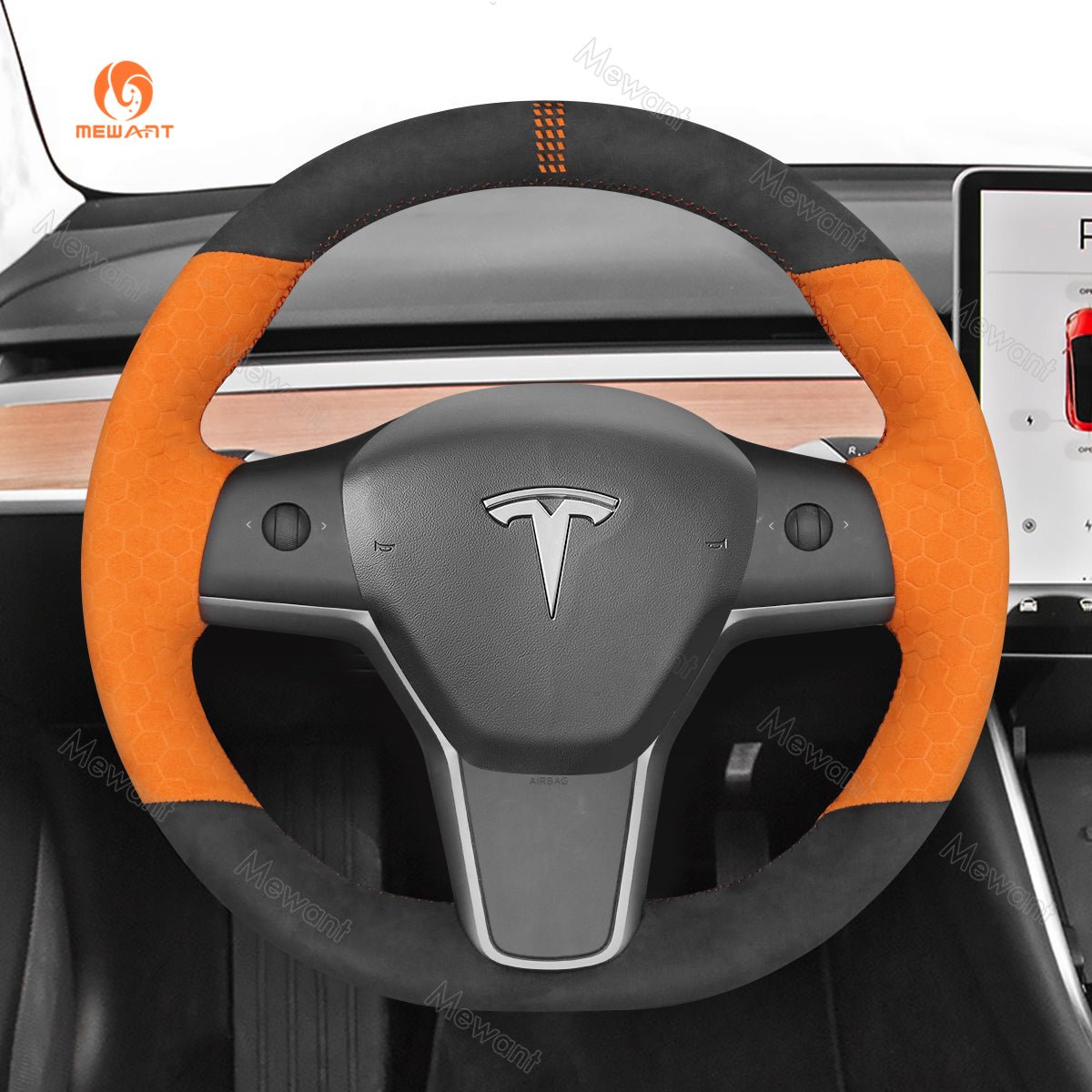 MEWANT Hand Stitch Leather Carbon Fiber Suede Alcantara Car Steering Wheel Cover for Tesla Model 3 2017 - 2020 / Model Y 2020 - 2021 - Alcantara, Leather, Carbon Fiber, Easy Install, Non - Slip, Best Steering Wheel Cover