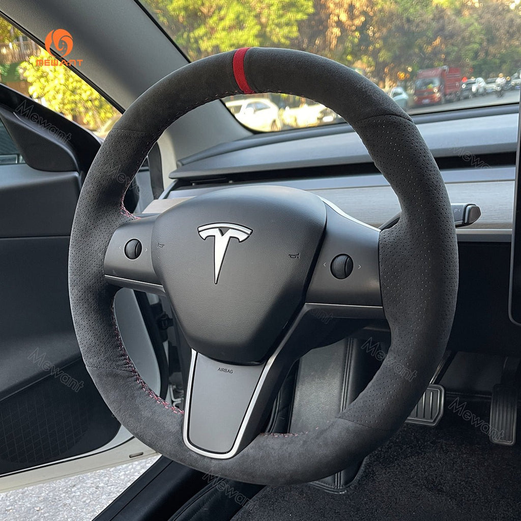 MEWANT Hand Stitch Leather Carbon Fiber Suede Alcantara Car Steering Wheel Cover for Tesla Model 3 2017 - 2020 / Model Y 2020 - 2021 - Alcantara, Leather, Carbon Fiber, Easy Install, Non - Slip, Best Steering Wheel Cover