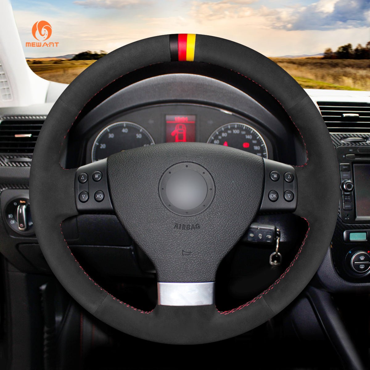 MEWANT Hand Stitch Leather Suede Car Steering Wheel Cover for Volkswagen VW Golf 5 Polo Jetta Passat Touran Caddy EOS - Alcantara, Leather, Carbon Fiber, Easy Install, Non - Slip, Best Steering Wheel Cover