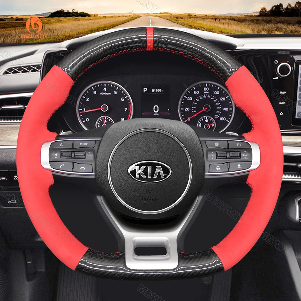 MEWANT Hand Stitch Leather Suede Carbon Fiber Car Steering Wheel Cover for Kia Optim / Kia K5 GT GT - Line Sedan - Alcantara, Leather, Carbon Fiber, Easy Install, Non - Slip, Best Steering Wheel Cover