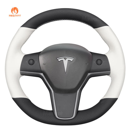 MEWANT Hand Stitched White Leather Car Steering Wheel Cover - for Tesla Model 3 2017 - 2023 / Model Y 2020 - 2023 - US in stock - Mewant Cover