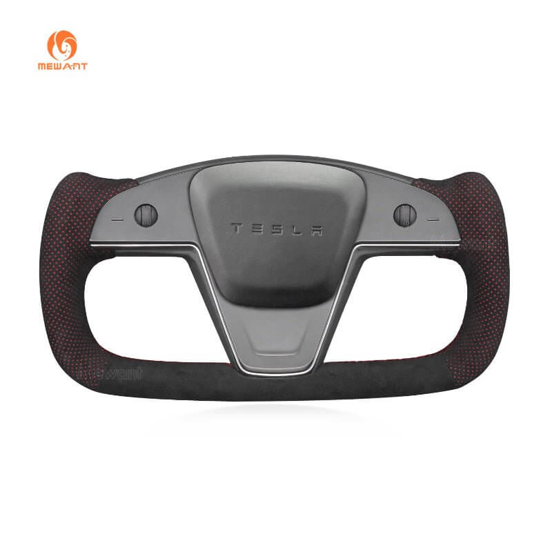 MEWANT Hand Stitched White Leather Car Steering Wheel Cover - for Tesla Model S 2021 - 2023 / Model X 2021 - 2023 - US in stock - Alcantara, Leather, Carbon Fiber, Easy Install, Non - Slip, Best Steering Wheel Cover