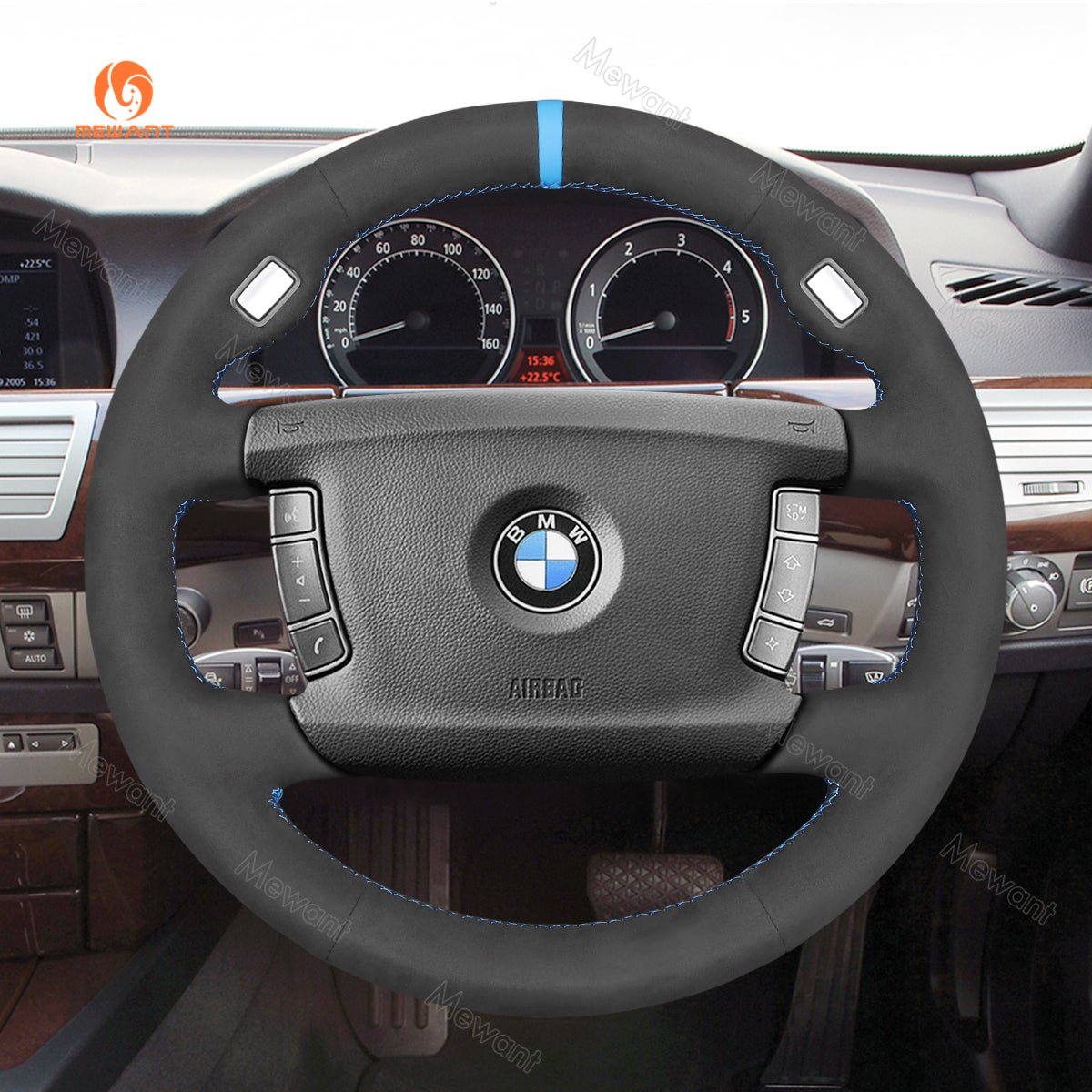 MEWANT Hand Stitching Black Leather Suede Car Steering Wheel Cover for BMW 7 Series E65 E66 E67 E68 2002 - 2008 - Alcantara, Leather, Carbon Fiber, Easy Install, Non - Slip, Best Steering Wheel Cover