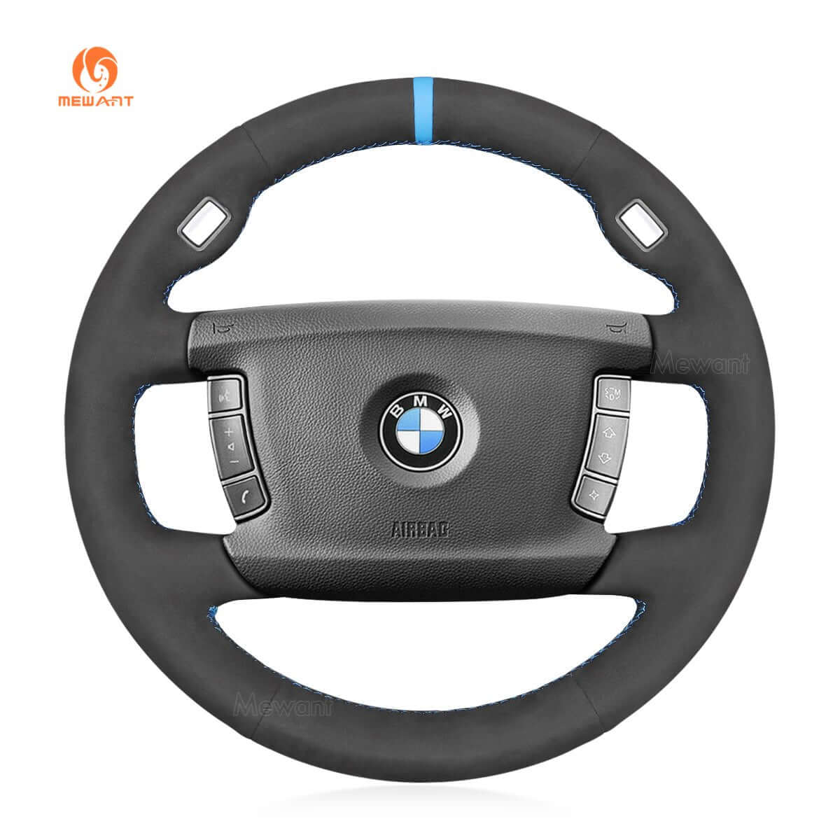 MEWANT Hand Stitching Black Leather Suede Car Steering Wheel Cover for BMW 7 Series E65 E66 E67 E68 2002 - 2008 - Alcantara, Leather, Carbon Fiber, Easy Install, Non - Slip, Best Steering Wheel Cover