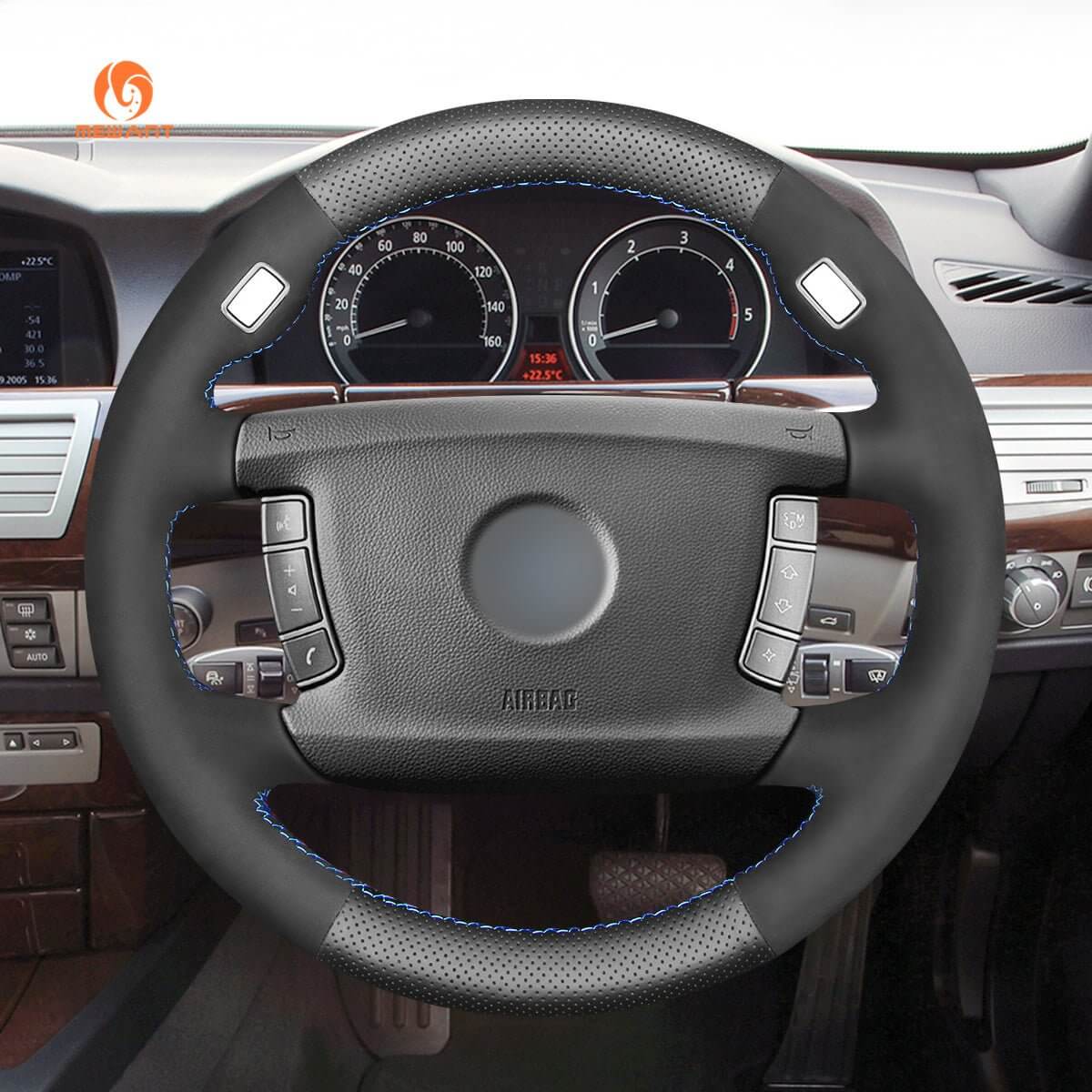 MEWANT Hand Stitching Black Leather Suede Car Steering Wheel Cover for BMW 7 Series E65 E66 E67 E68 2002 - 2008 - Alcantara, Leather, Carbon Fiber, Easy Install, Non - Slip, Best Steering Wheel Cover