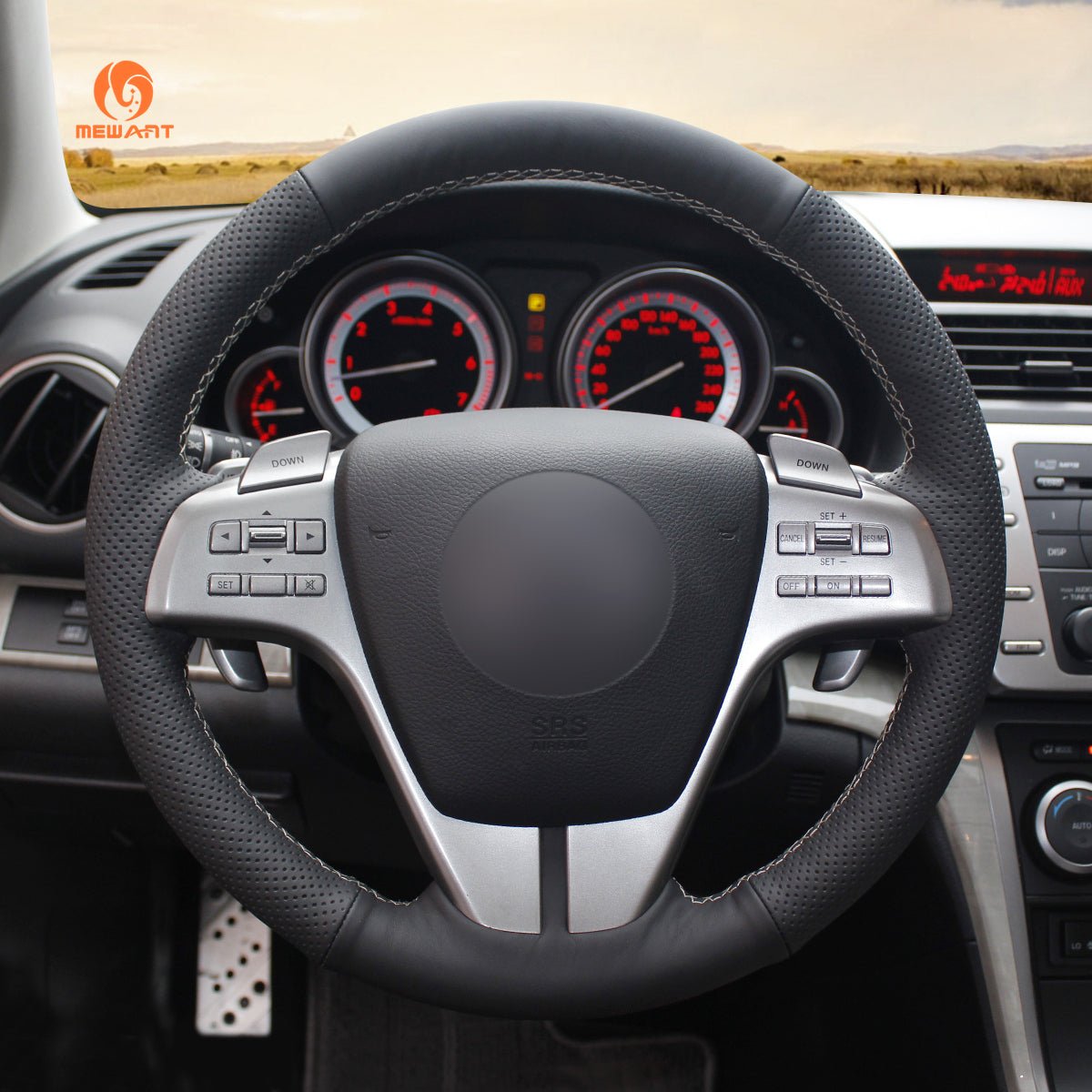 MEWANT Hand Stitching Black Leather Suede Car Steering Wheel Cover for Mazda 6 (GH) Atenza - Alcantara, Leather, Carbon Fiber, Easy Install, Non - Slip, Best Steering Wheel Cover