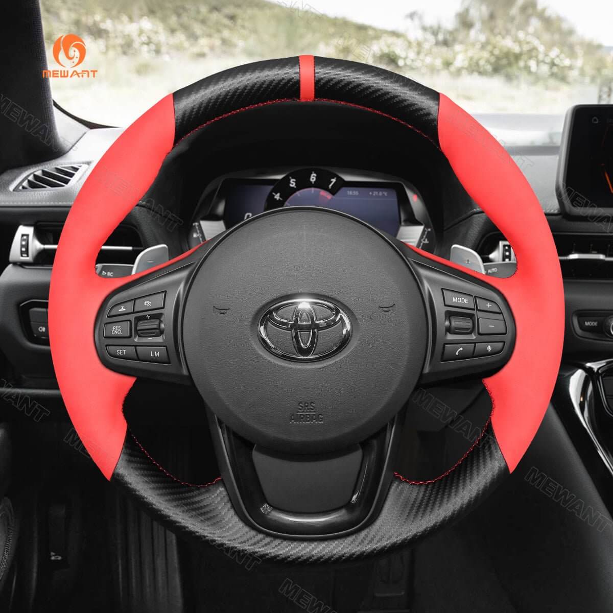 MEWANT Hand Stitching Carbon Fiber Red Suede Car Steering Wheel Cover for Toyota Supra GR Supra 2019 - 2021 - Alcantara, Leather, Carbon Fiber, Easy Install, Non - Slip, Best Steering Wheel Cover