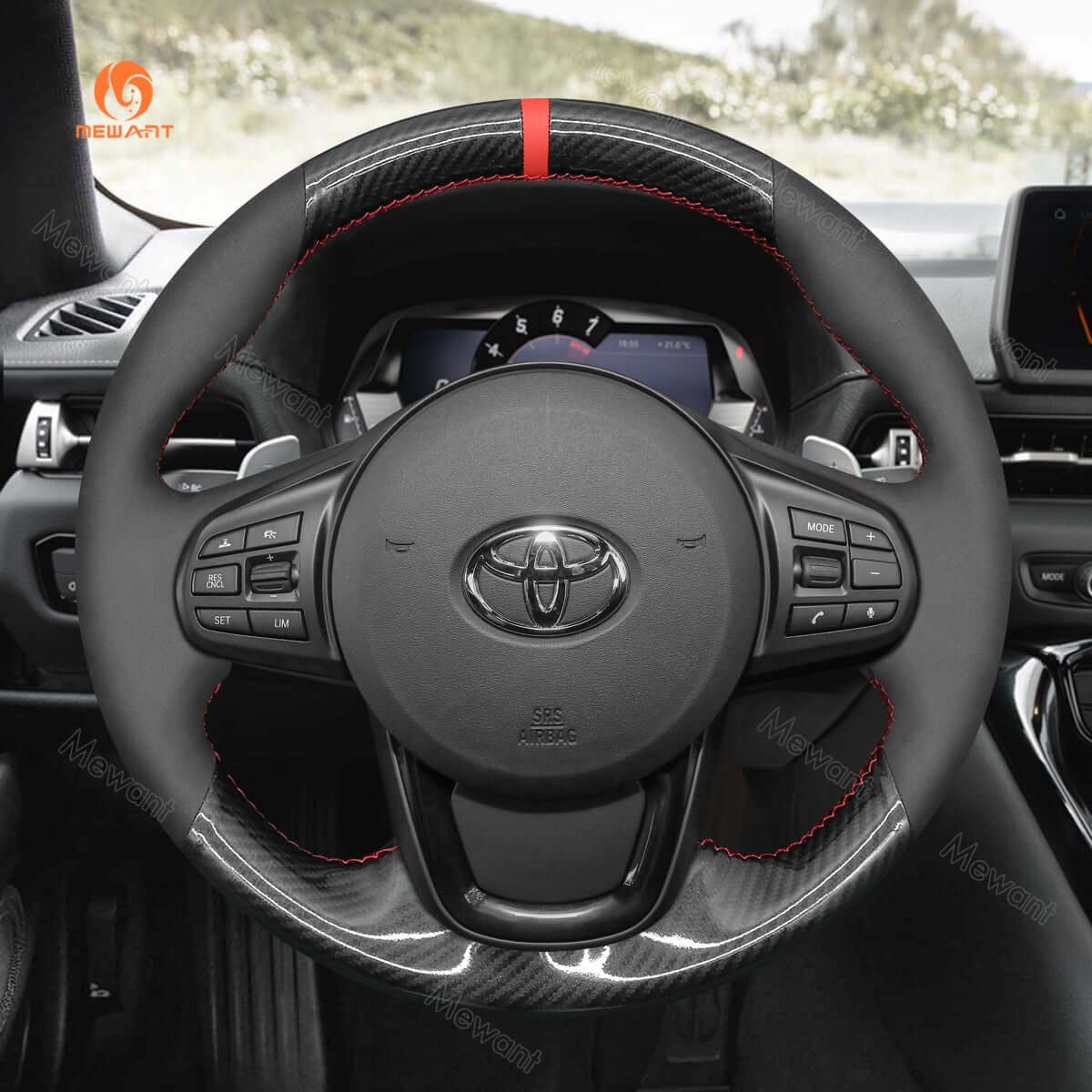 MEWANT Hand Stitching Carbon Fiber Red Suede Car Steering Wheel Cover for Toyota Supra GR Supra 2019 - 2021 - Alcantara, Leather, Carbon Fiber, Easy Install, Non - Slip, Best Steering Wheel Cover