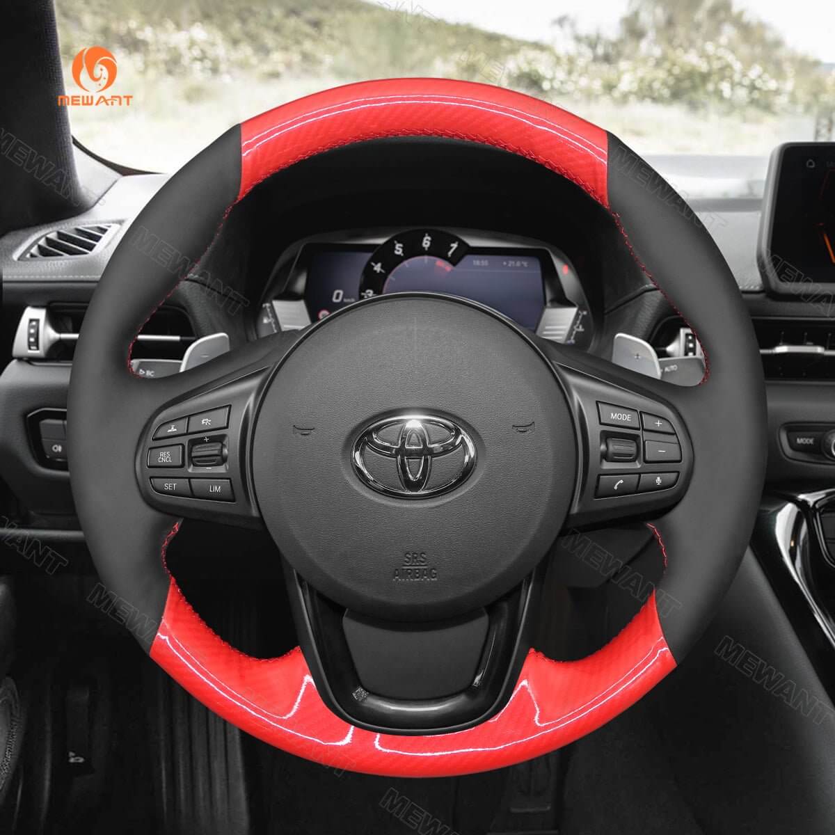 MEWANT Hand Stitching Carbon Fiber Red Suede Car Steering Wheel Cover for Toyota Supra GR Supra 2019 - 2021 - Alcantara, Leather, Carbon Fiber, Easy Install, Non - Slip, Best Steering Wheel Cover