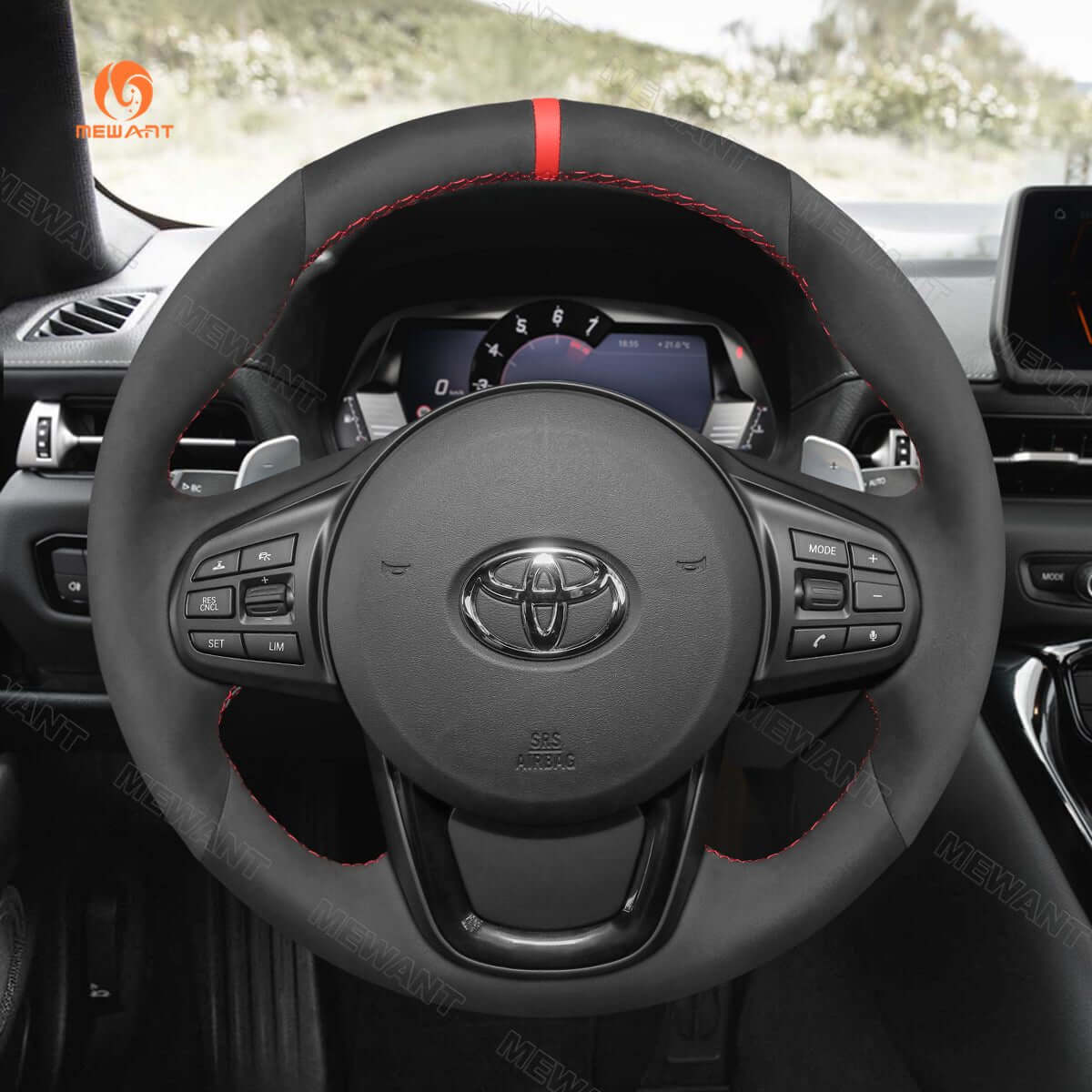 MEWANT Hand Stitching Carbon Fiber Red Suede Car Steering Wheel Cover for Toyota Supra GR Supra 2019 - 2021 - Alcantara, Leather, Carbon Fiber, Easy Install, Non - Slip, Best Steering Wheel Cover