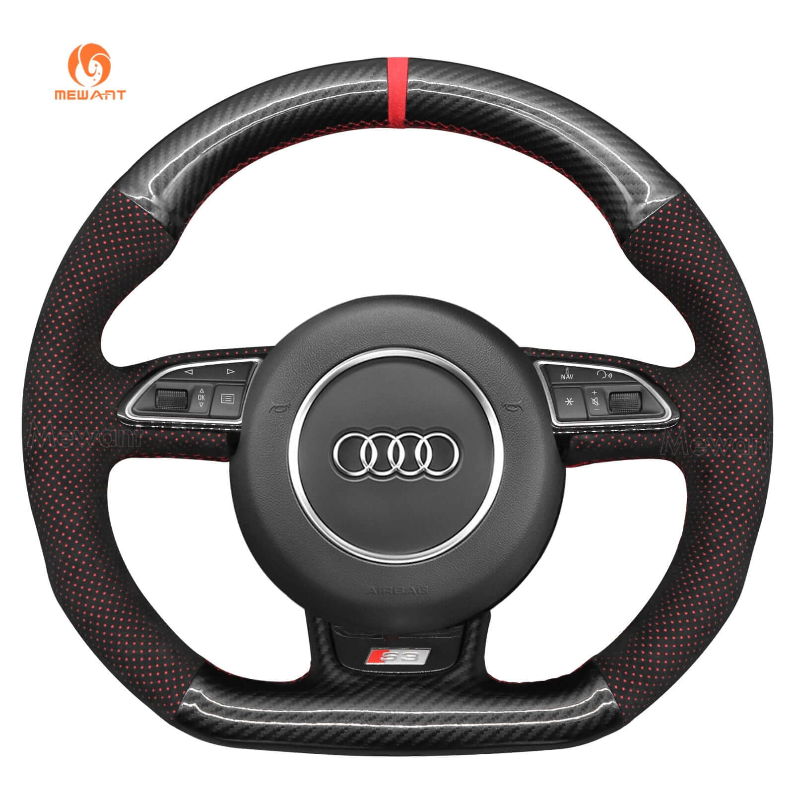 MEWANT Leather Car Steering Wheel Cover for Audi S1 (8X) S3 (8V) Sportback S4 (B8) Avant S5 (8T) S6 (C7) S7 (G8) RS Q3 (8U) SQ5 (8R) - Alcantara, Leather, Carbon Fiber, Easy Install, Non - Slip, Best Steering Wheel Cover