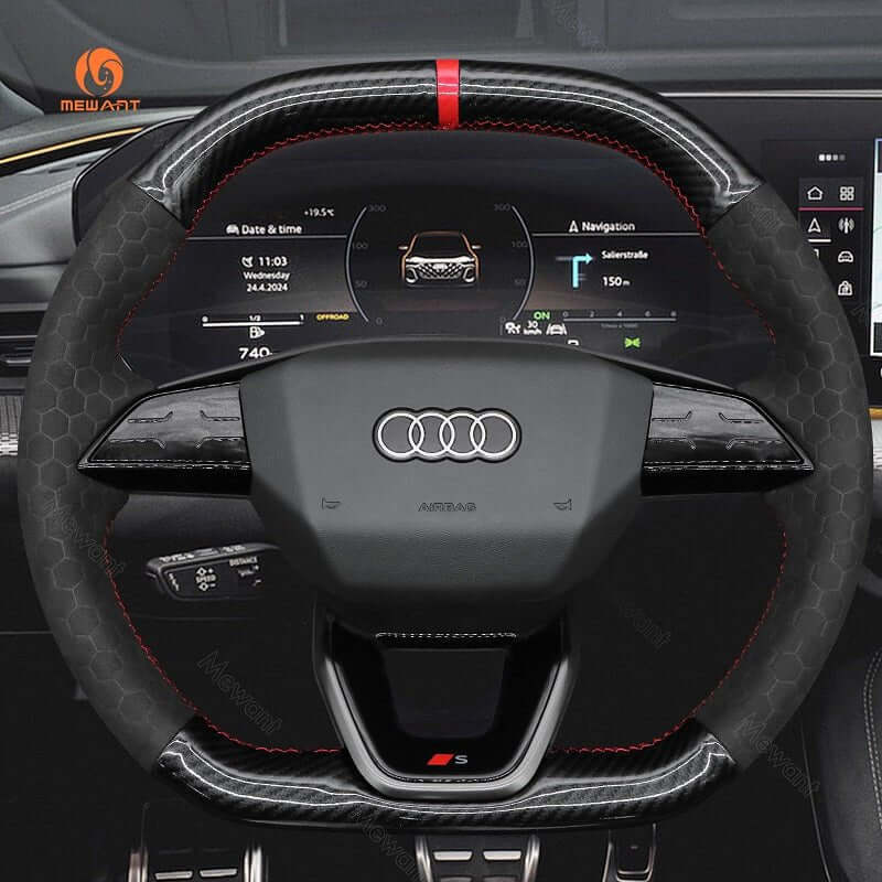 MEWANT Leather Car Steering Wheel Cover for Audi S5 RS3 2025 - Alcantara, Leather, Carbon Fiber, Easy Install, Non - Slip, Best Steering Wheel Cover