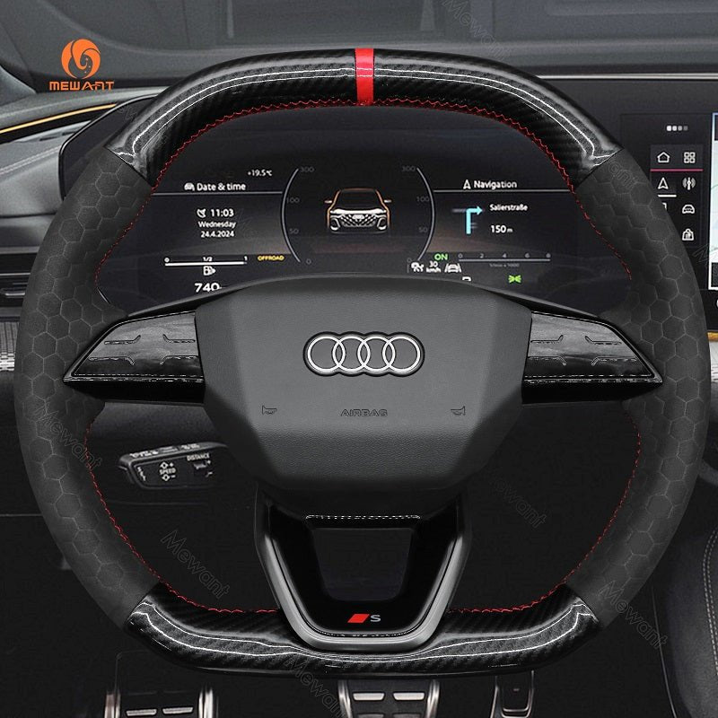 MEWANT Leather Car Steering Wheel Cover for Audi S5 RS3 2025 - Alcantara, Leather, Carbon Fiber, Easy Install, Non - Slip, Best Steering Wheel Cover