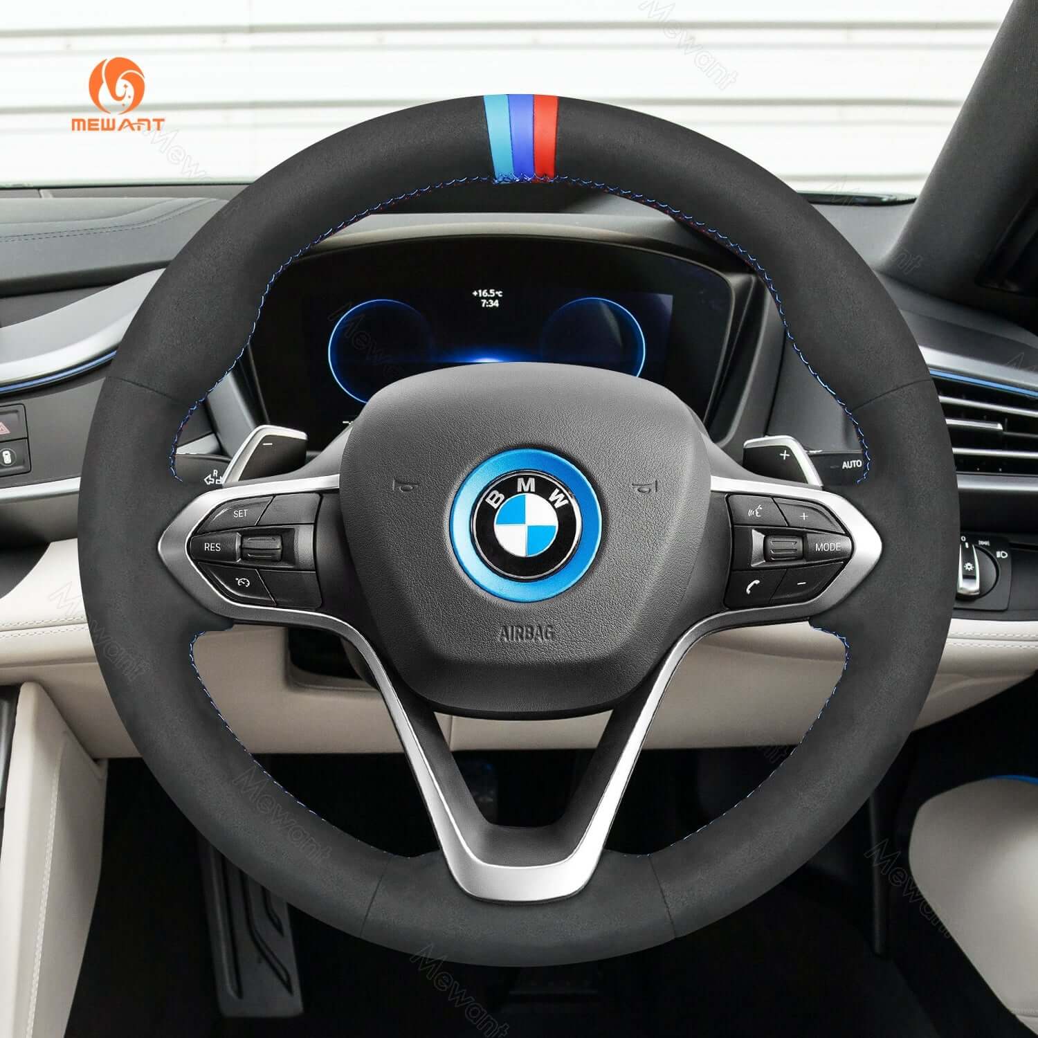 MEWANT Leather Car Steering Wheel Cover for BMW i8 2014 - 2020 - Alcantara, Leather, Carbon Fiber, Easy Install, Non - Slip, Best Steering Wheel Cover