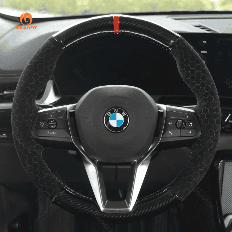MEWANT Leather Car Steering Wheel Cover for BMW X1 U11 2023 - 2024 / X2 U10 2024 - Alcantara, Leather, Carbon Fiber, Easy Install, Non - Slip, Best Steering Wheel Cover