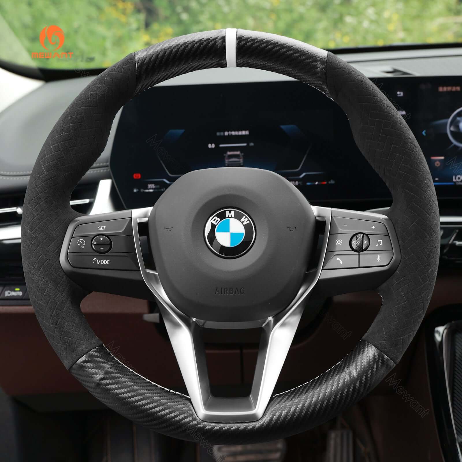 MEWANT Leather Car Steering Wheel Cover for for BMW X1 U11 2023 - 2024 / X2 U10 2024 - Alcantara, Leather, Carbon Fiber, Easy Install, Non - Slip, Best Steering Wheel Cover