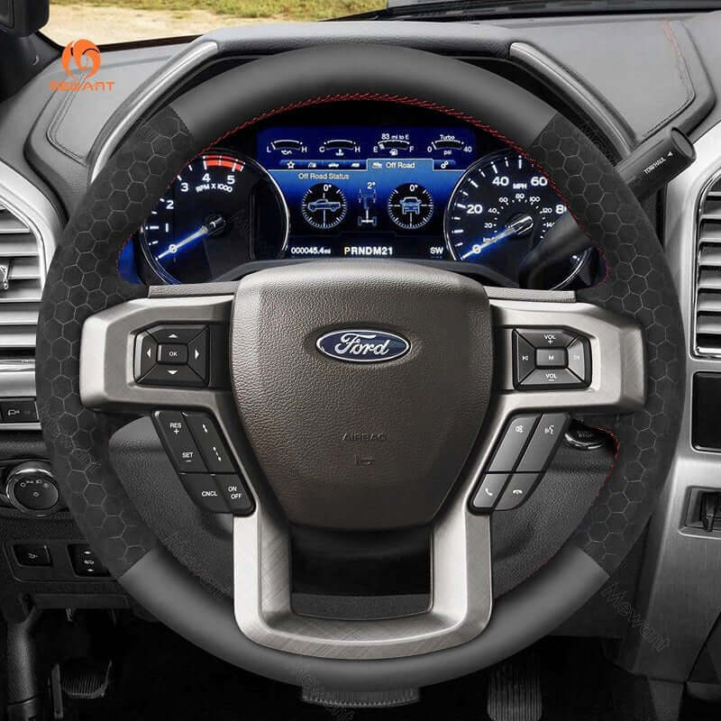 MEWANT Leather Car Steering Wheel Cover for Ford F - 150 F150/ F - 250 F250/ F - 350 F350/ F - 450 F450/ Expedition - Alcantara, Leather, Carbon Fiber, Easy Install, Non - Slip, Best Steering Wheel Cover