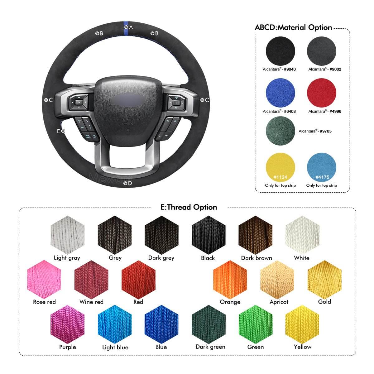 MEWANT Leather Car Steering Wheel Cover for Ford F - 150 F150/ F - 250 F250/ F - 350 F350/ F - 450 F450/ Expedition - Alcantara, Leather, Carbon Fiber, Easy Install, Non - Slip, Best Steering Wheel Cover