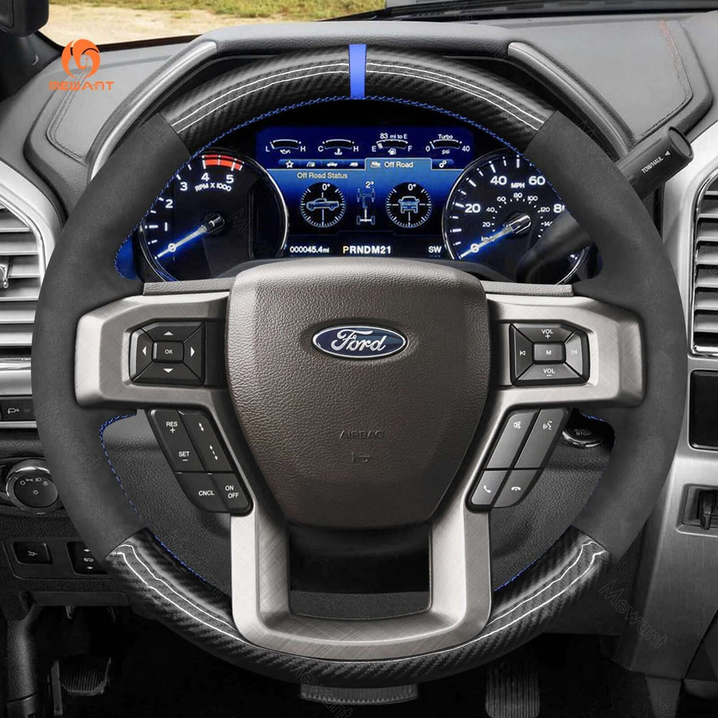 MEWANT Leather Car Steering Wheel Cover for Ford F - 150 F150/ F - 250 F250/ F - 350 F350/ F - 450 F450/ Expedition - Alcantara, Leather, Carbon Fiber, Easy Install, Non - Slip, Best Steering Wheel Cover