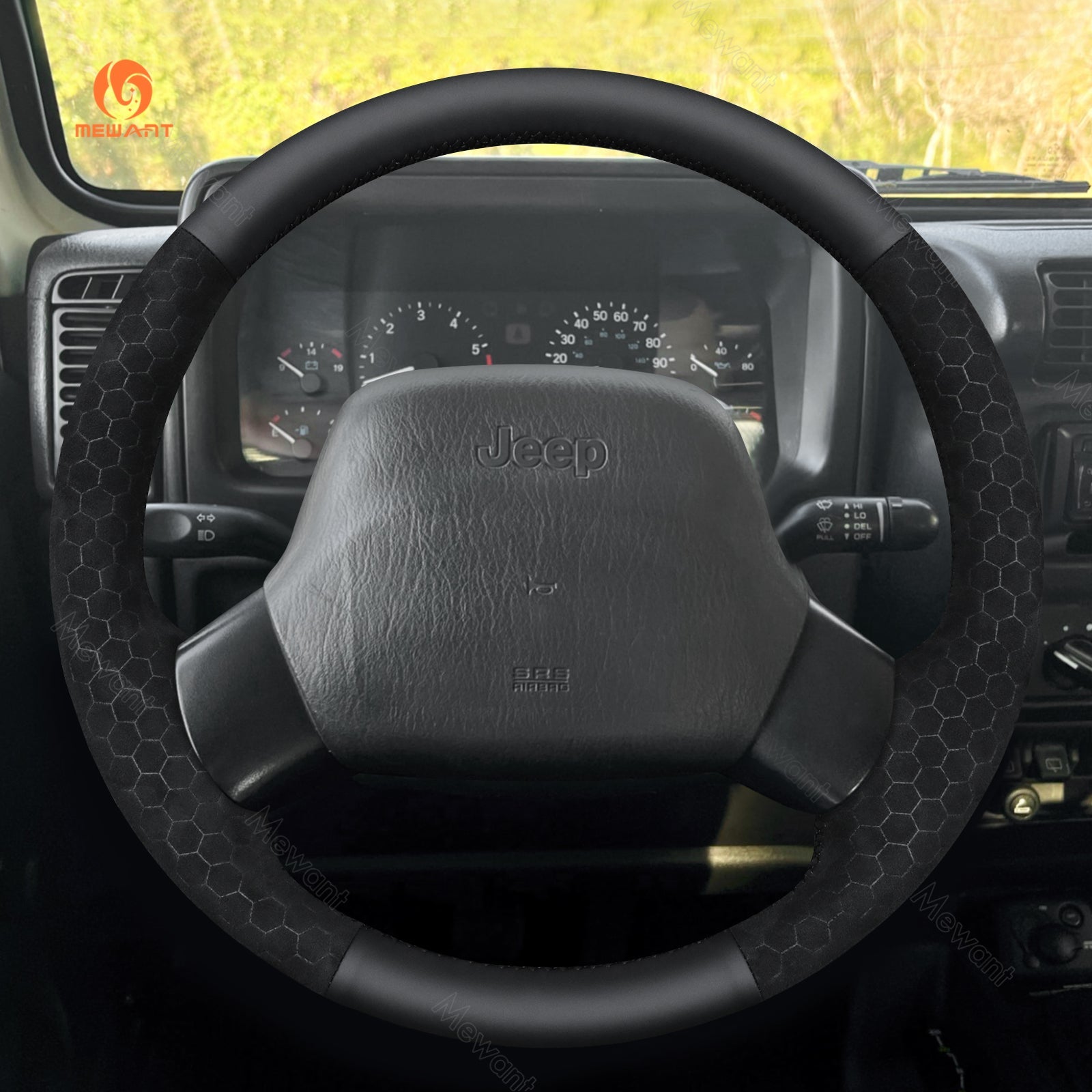 MEWANT Leather Car Steering Wheel Cover for Jeep Wrangler TJ Cherokee XJ 1997 - 2002 - Alcantara, Leather, Carbon Fiber, Easy Install, Non - Slip, Best Steering Wheel Cover